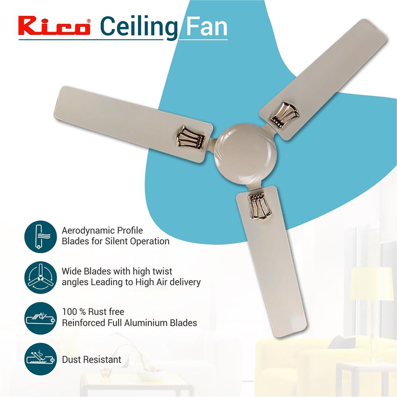 Rico 1400mm 3 Blade Copper Winding Motor Ceiling Fan (Rust & Dust Resistant, White)_9