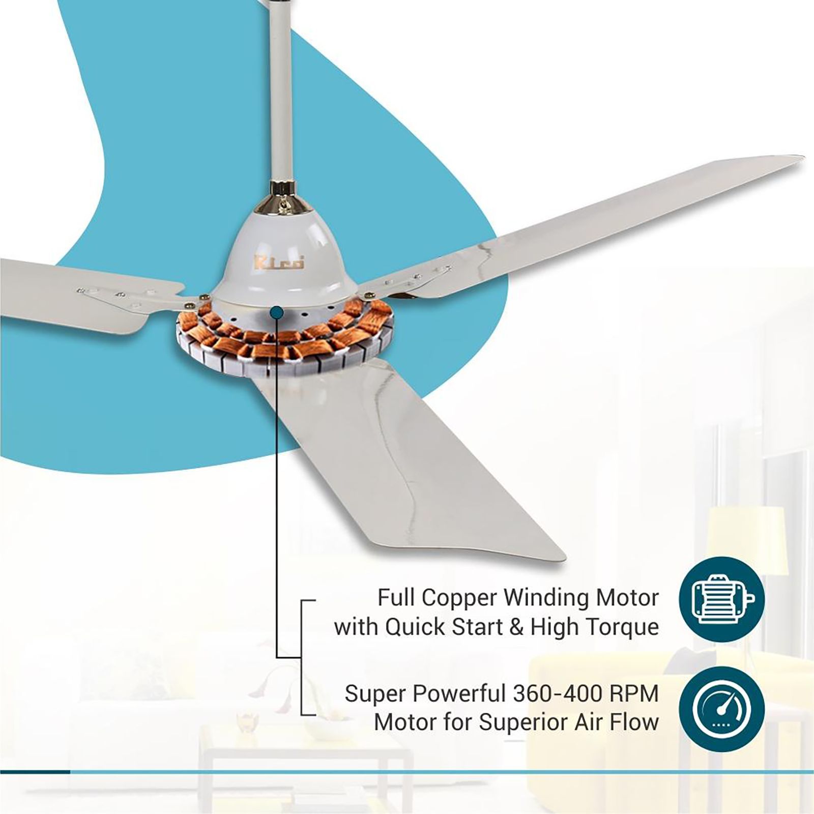 Rico 1400mm 3 Blade Copper Winding Motor Ceiling Fan (Rust & Dust Resistant, White)_10
