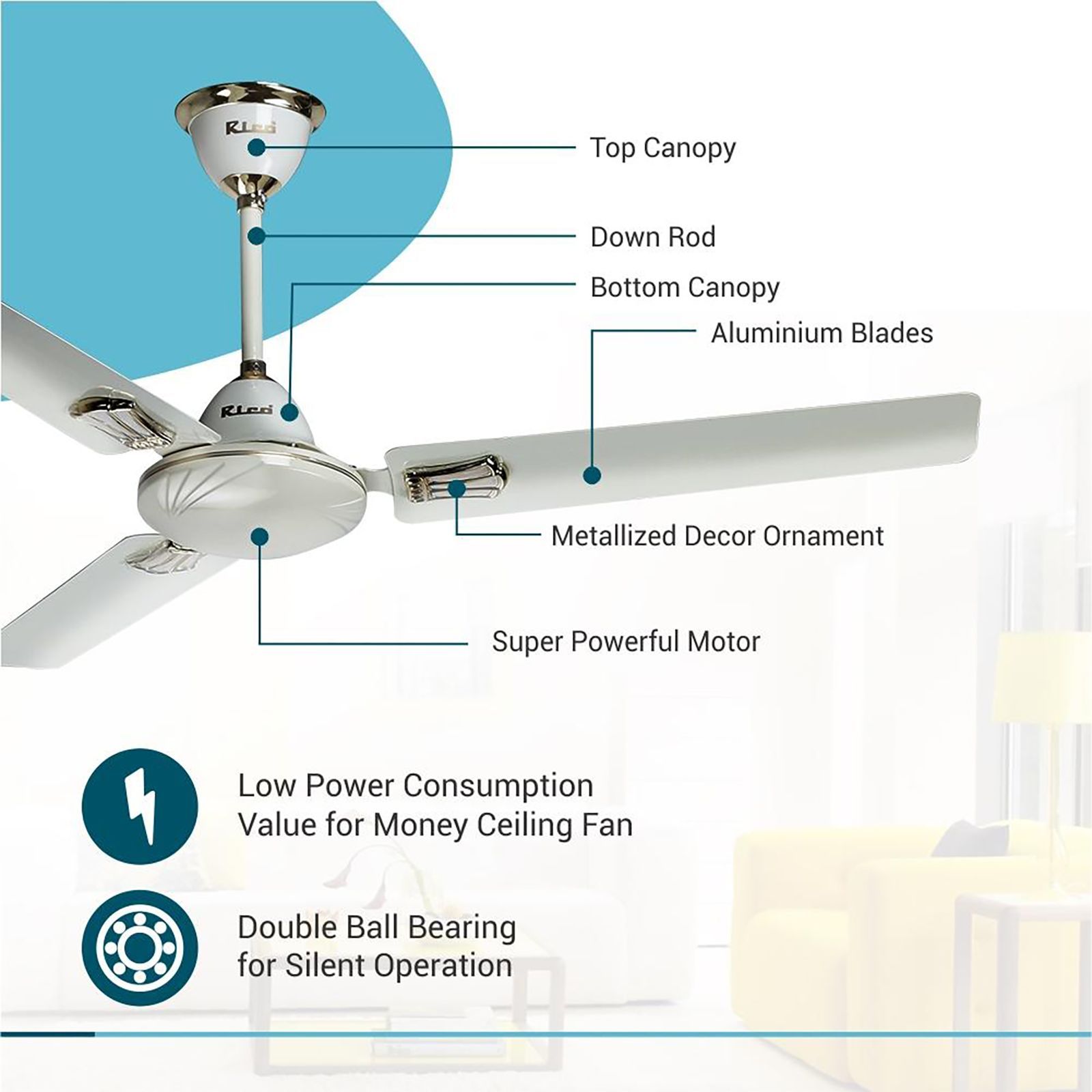Rico 1400mm 3 Blade Copper Winding Motor Ceiling Fan (Rust & Dust Resistant, White)_11