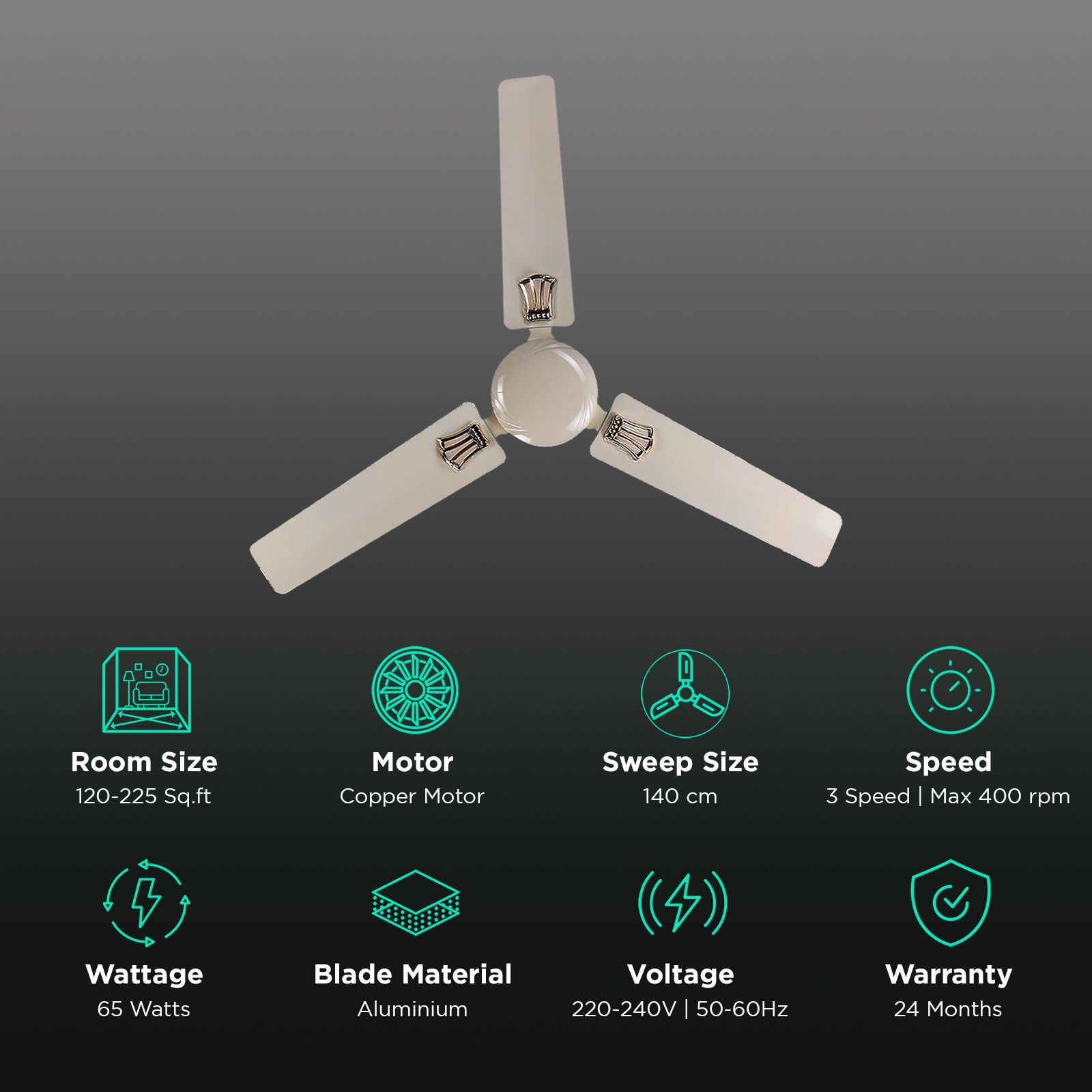 Rico 1400mm 3 Blade Copper Winding Motor Ceiling Fan (Rust & Dust Resistant, White)_3