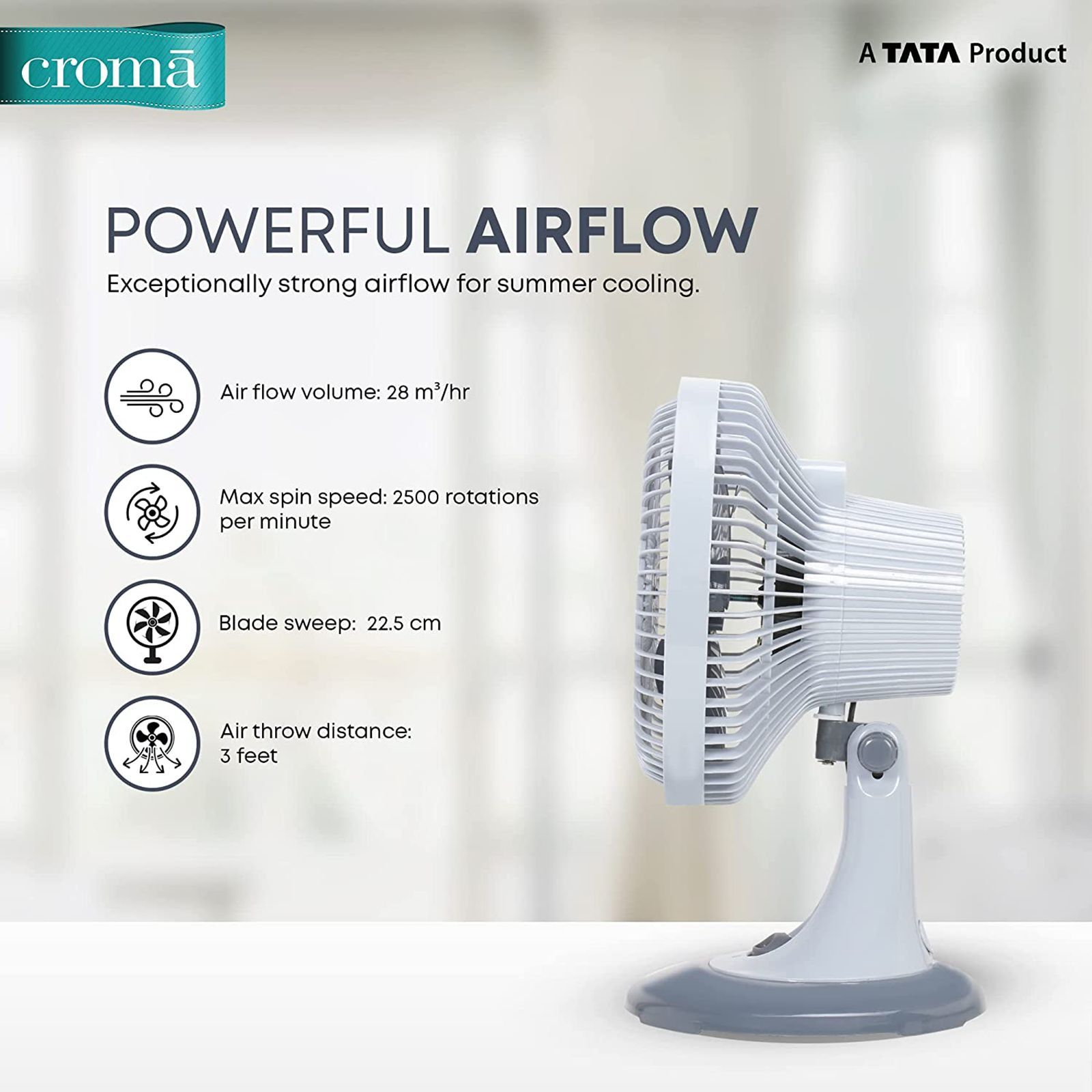 Croma 225mm 3 Blade Energy Efficient Table Fan (Silent Operation, Grey)_15