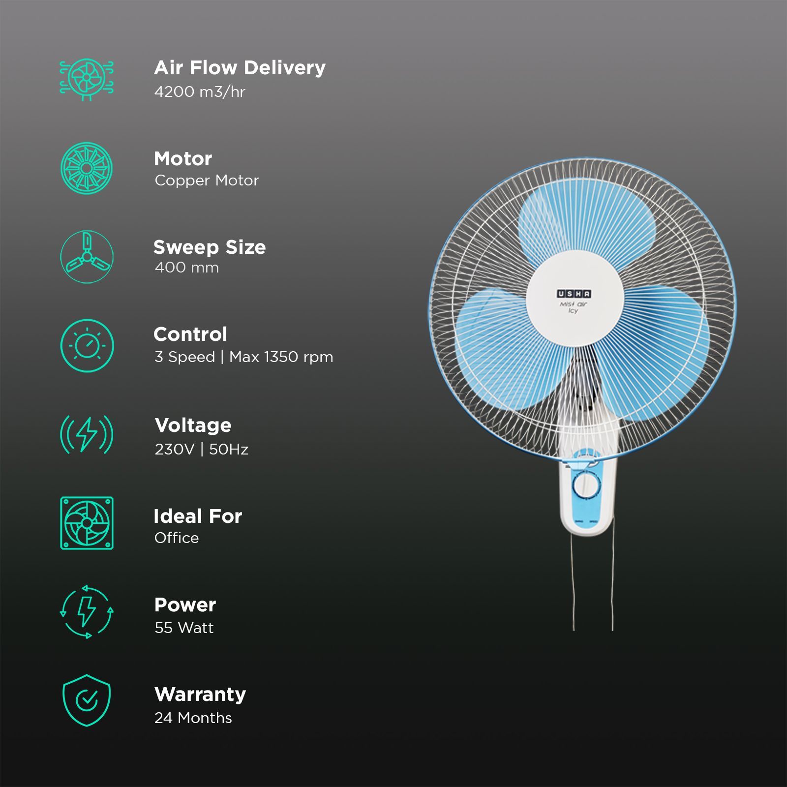 USHA Mist Air Flo 400mm 3 Blade Inverter Technology Wall Mounted Fan (Easy Tilt, Light Blue)_3