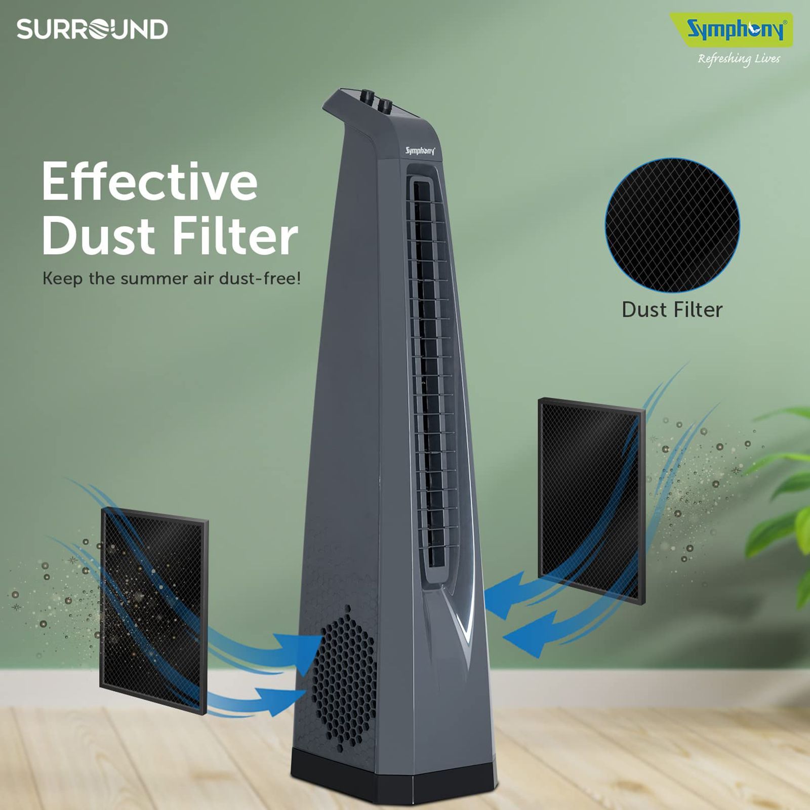 Symphony Surround Bladeless 25 ft Air Throw 650 m3/hr Air Delivery Tower Fan (Powerful Air Throw, Dark Grey)_7