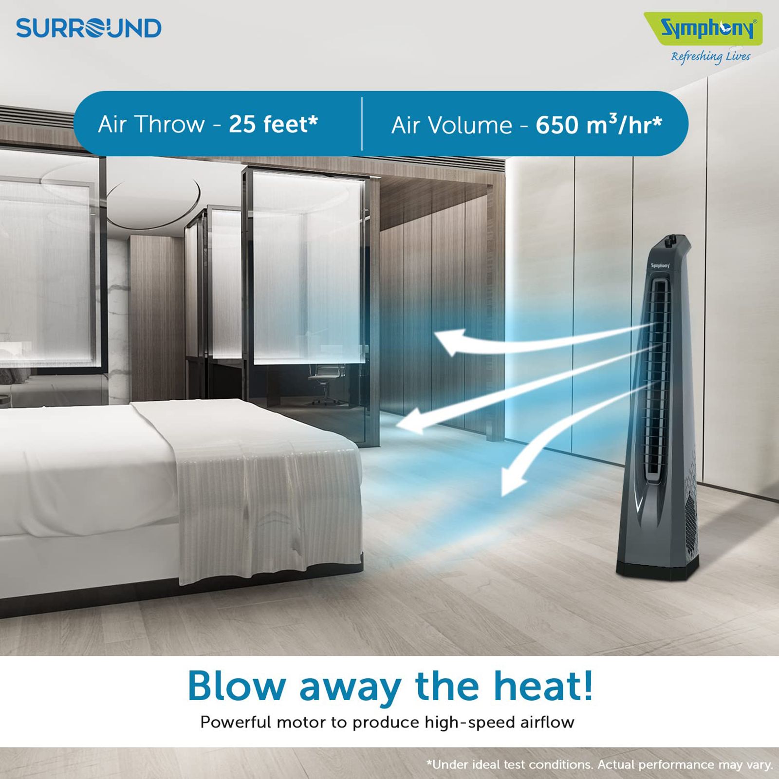 Symphony Surround Bladeless 25 ft Air Throw 650 m3/hr Air Delivery Tower Fan (Powerful Air Throw, Dark Grey)_9