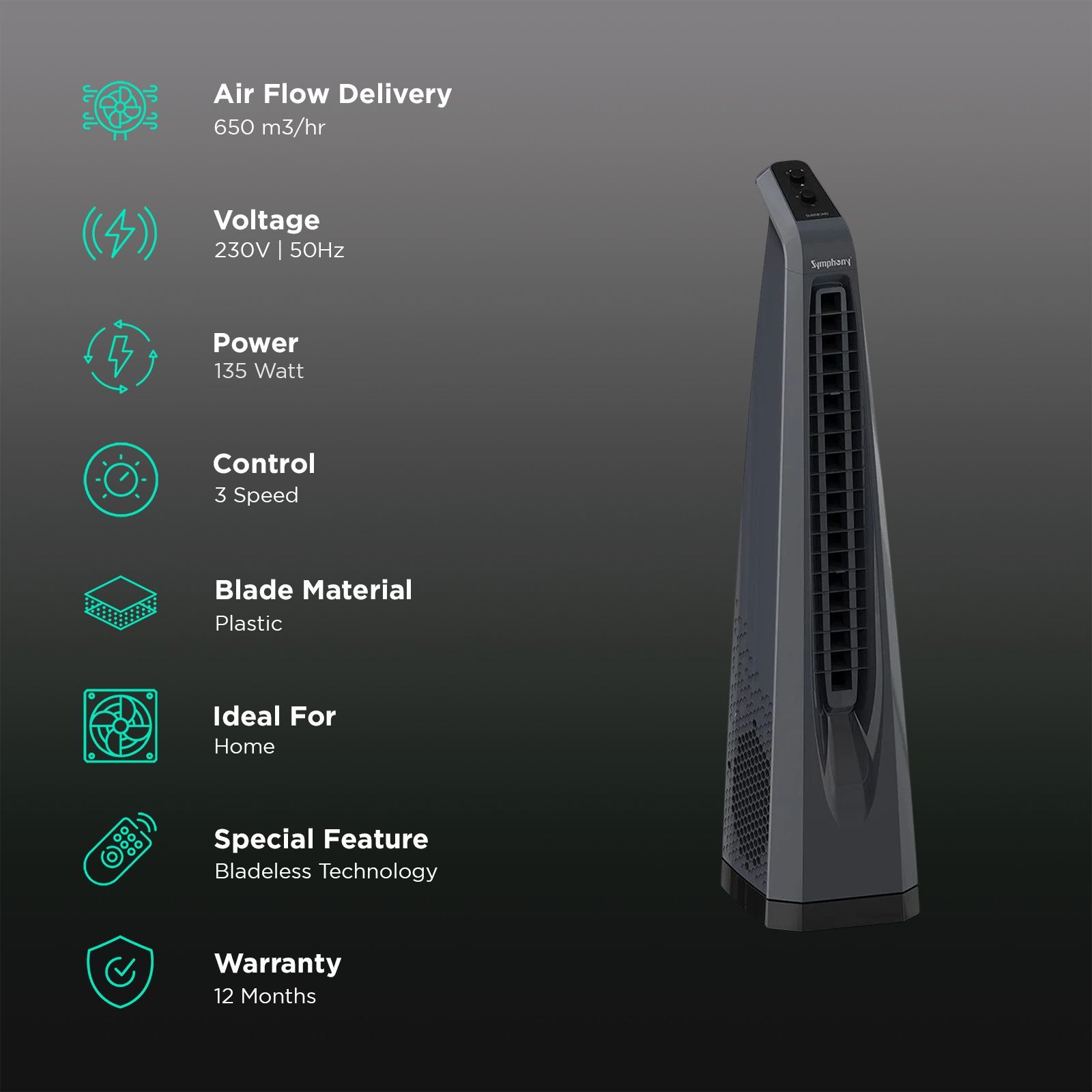 Symphony Surround Bladeless 25 ft Air Throw 650 m3/hr Air Delivery Tower Fan (Powerful Air Throw, Dark Grey)_3