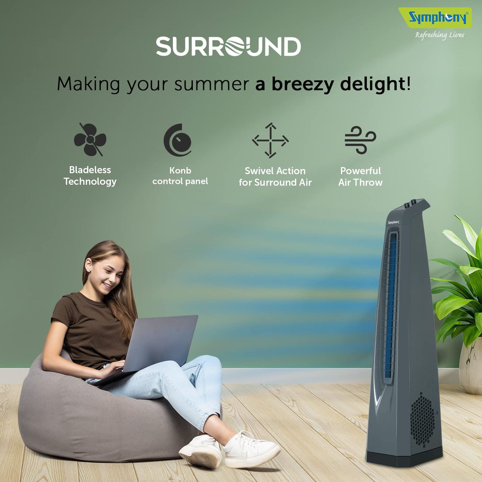 Symphony Surround Bladeless 25 ft Air Throw 650 m3/hr Air Delivery Tower Fan (Powerful Air Throw, Dark Grey)_6