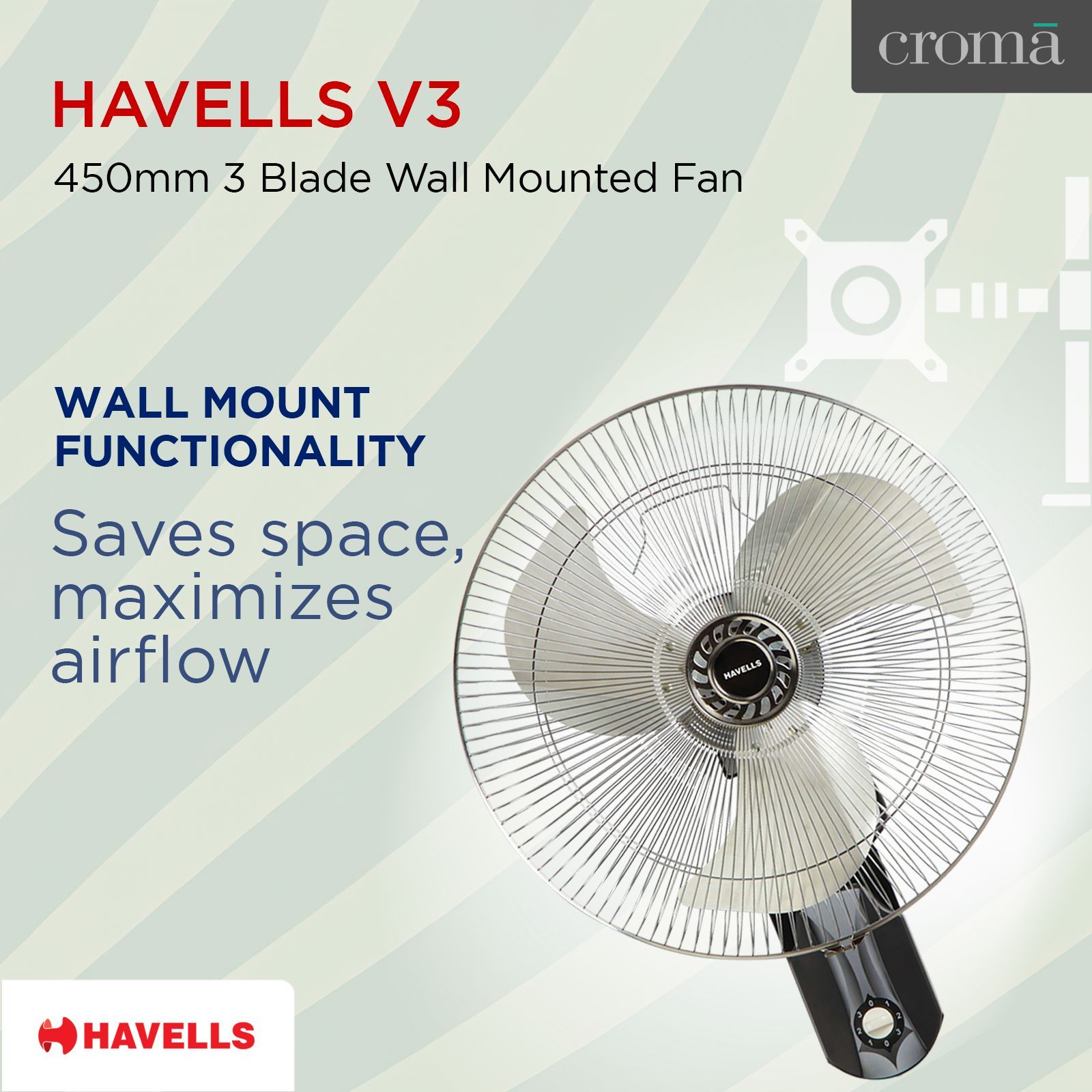 HAVELLS V3 450mm 3 Blade Thermal Overload Protector Wall Mounted Fan (Jerk Free Oscillation, Silver & Black)_9