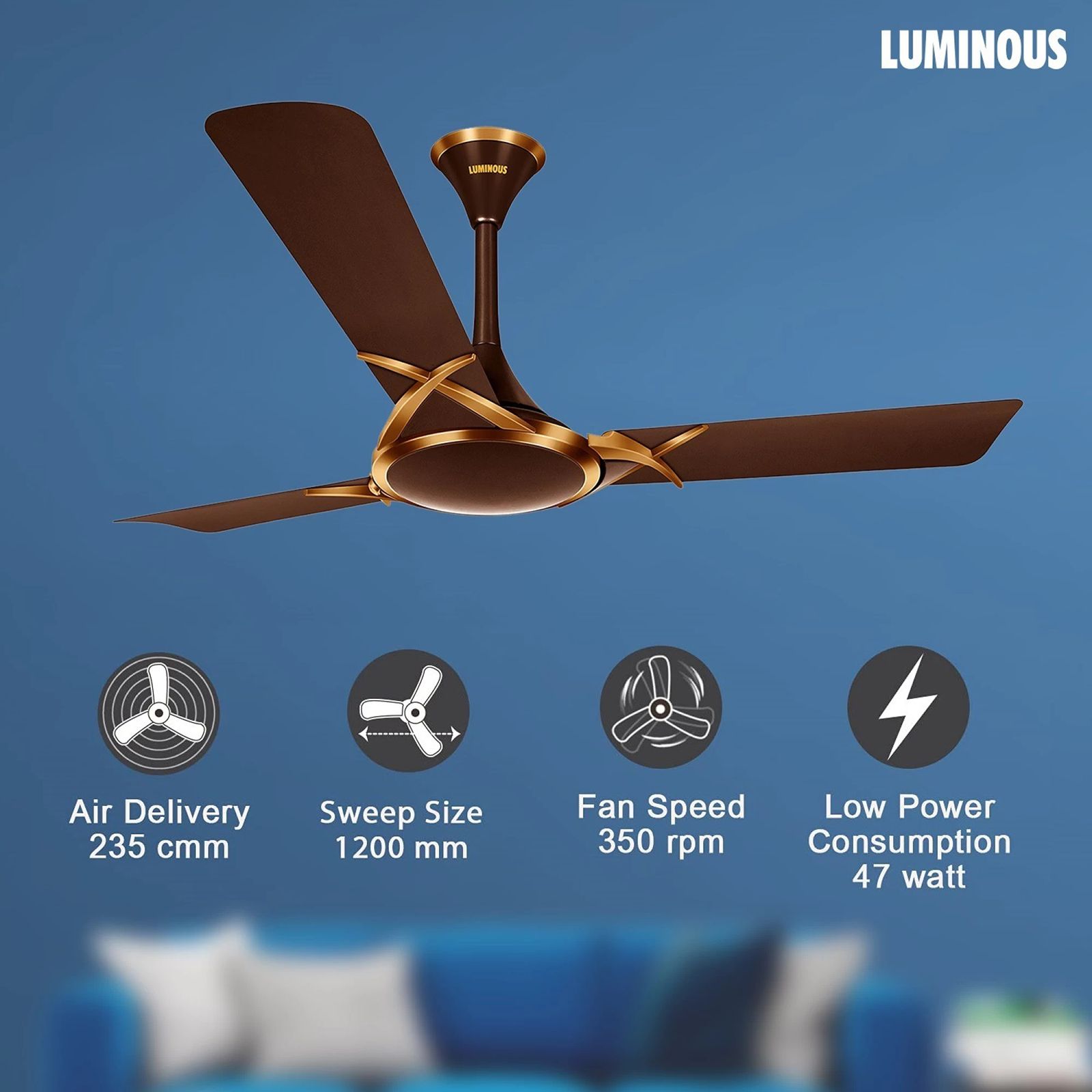 LUMINOUS Deltoid 3 Star 1200mm 3 Blade High Speed Ceiling Fan (Low Power Consumption, Espresso Gold)_6