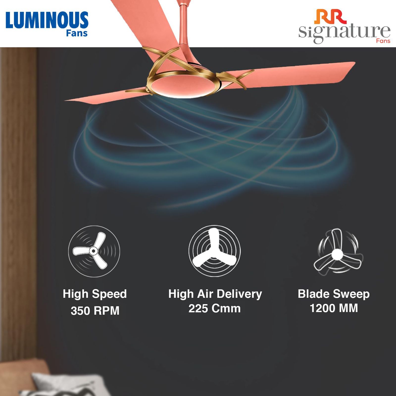 LUMINOUS Deltoid 3 Star 1200mm 3 Blade High Speed Ceiling Fan (Low Power Consumption, Rose Gold)_6