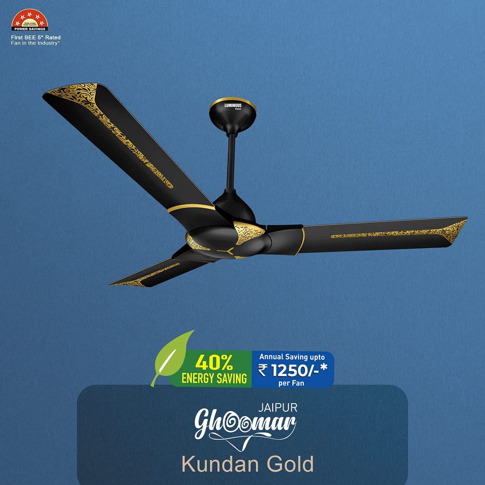 LUMINOUS Jaipur Ghoomar 3 Star 1200mm 3 Blade High Speed Ceiling Fan (Energy Saving, Abu Black)_5