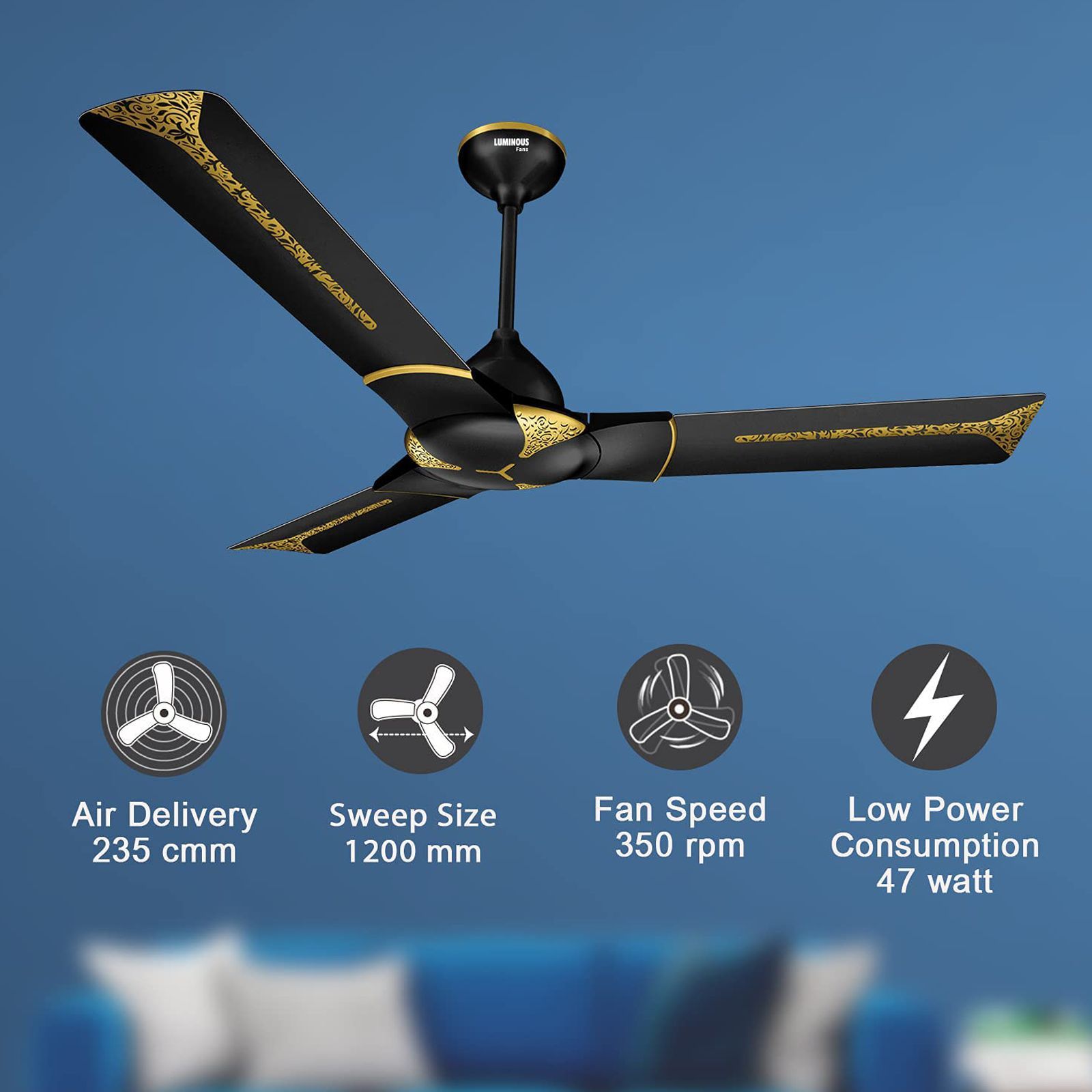 LUMINOUS Jaipur Ghoomar 3 Star 1200mm 3 Blade High Speed Ceiling Fan (Energy Saving, Abu Black)_6