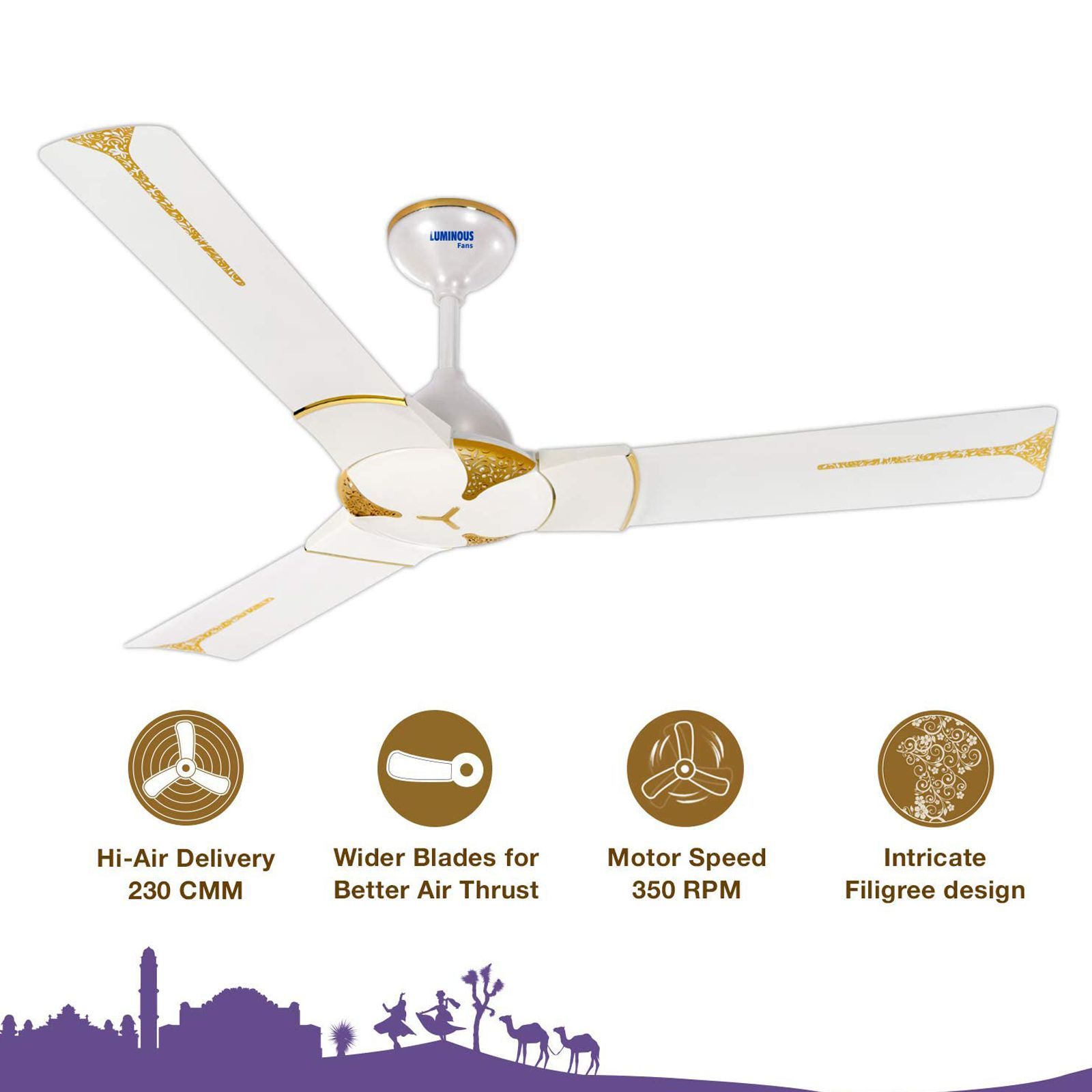 LUMINOUS Jaipur Ghoomar 3 Star 1200mm 3 Blade High Speed Ceiling Fan (Energy Saving, Makrana White)_8