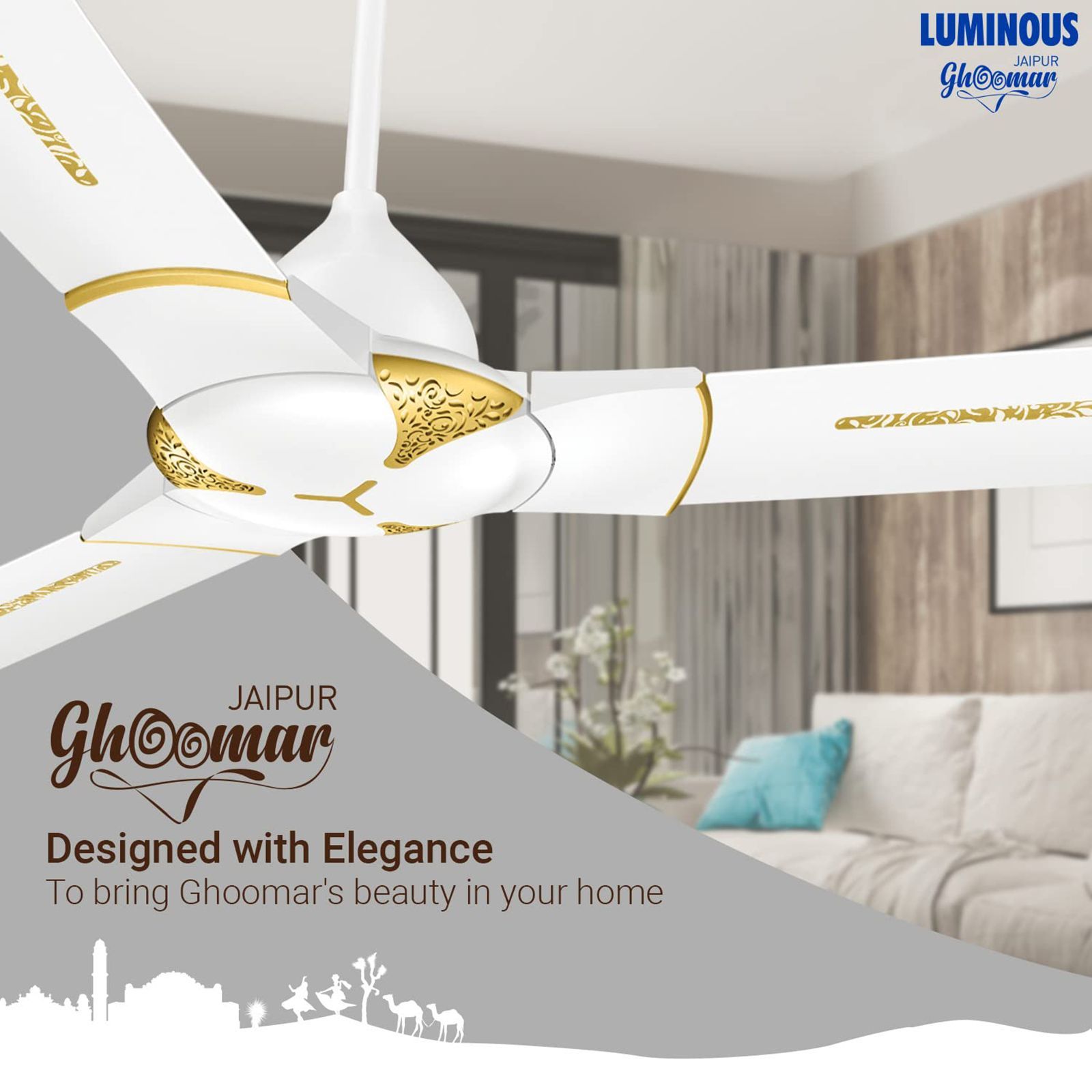 LUMINOUS Jaipur Ghoomar 3 Star 1200mm 3 Blade High Speed Ceiling Fan (Energy Saving, Makrana White)_9