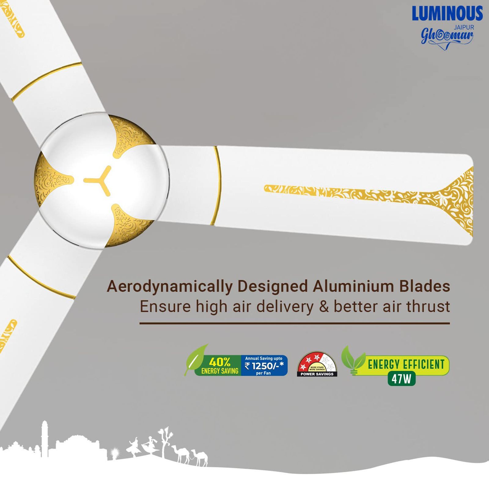 LUMINOUS Jaipur Ghoomar 3 Star 1200mm 3 Blade High Speed Ceiling Fan (Energy Saving, Makrana White)_10