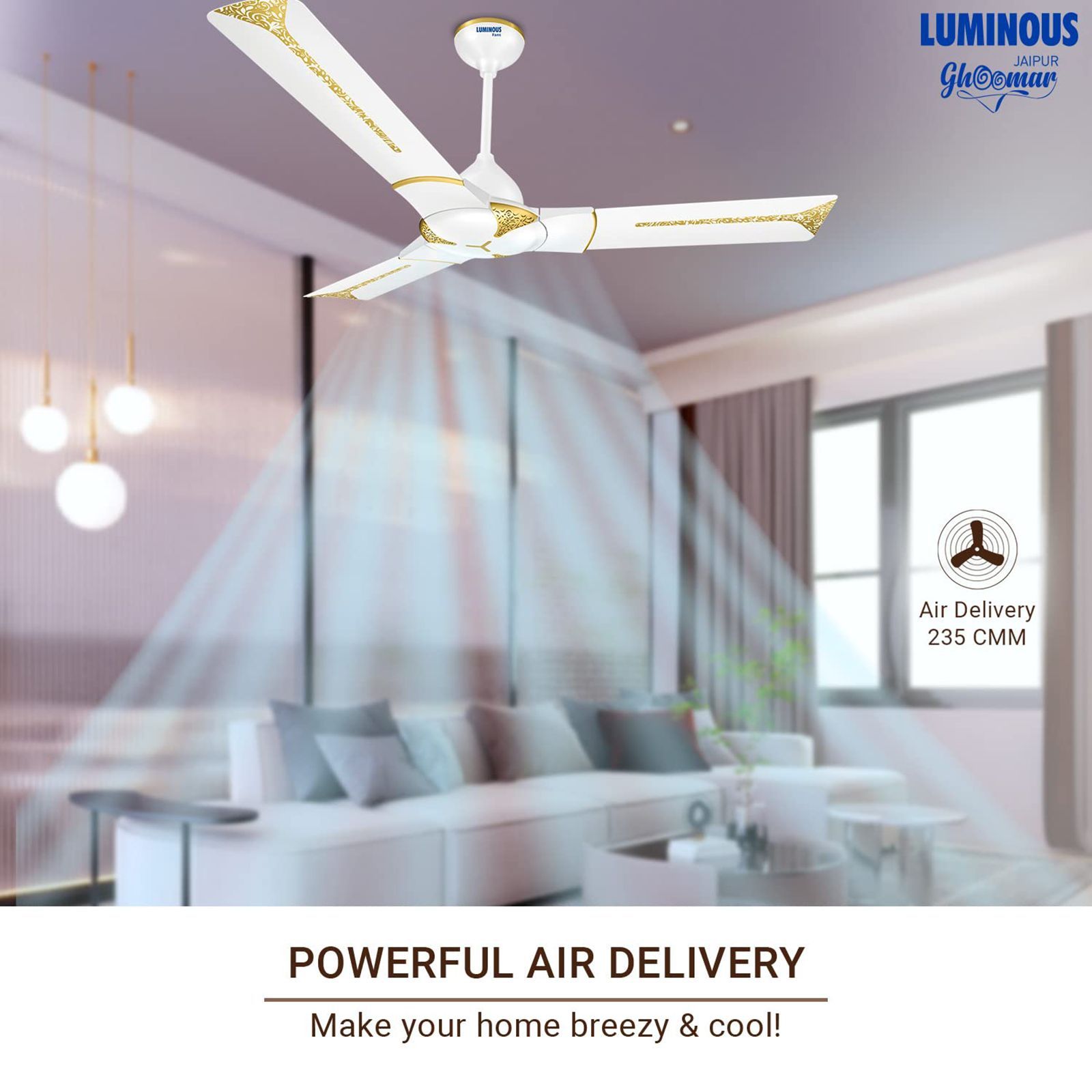 LUMINOUS Jaipur Ghoomar 3 Star 1200mm 3 Blade High Speed Ceiling Fan (Energy Saving, Makrana White)_6