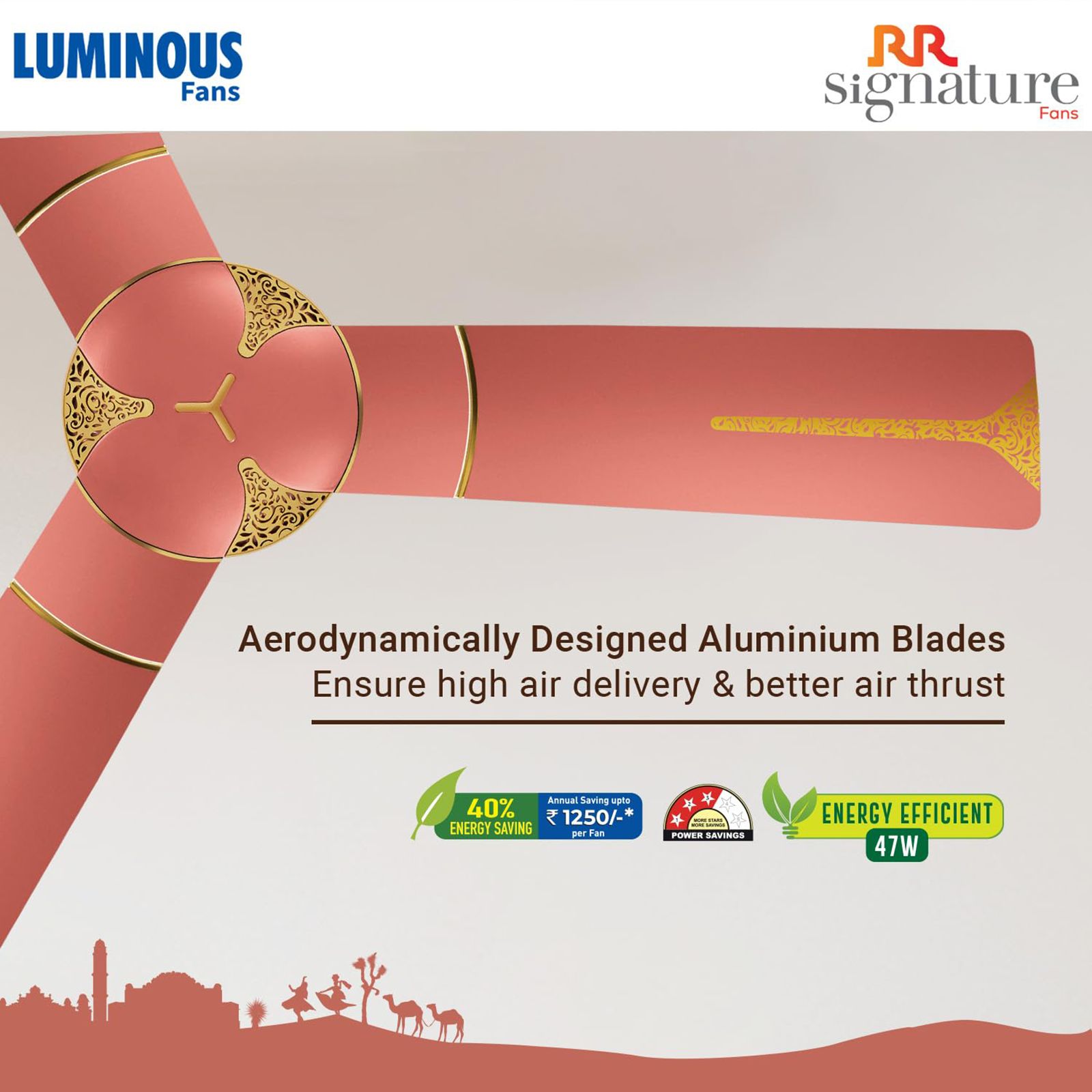 LUMINOUS Jaipur Ghoomar 3 Star 1200mm 3 Blade High Speed Ceiling Fan (Energy Saving, Rose Gold)_7