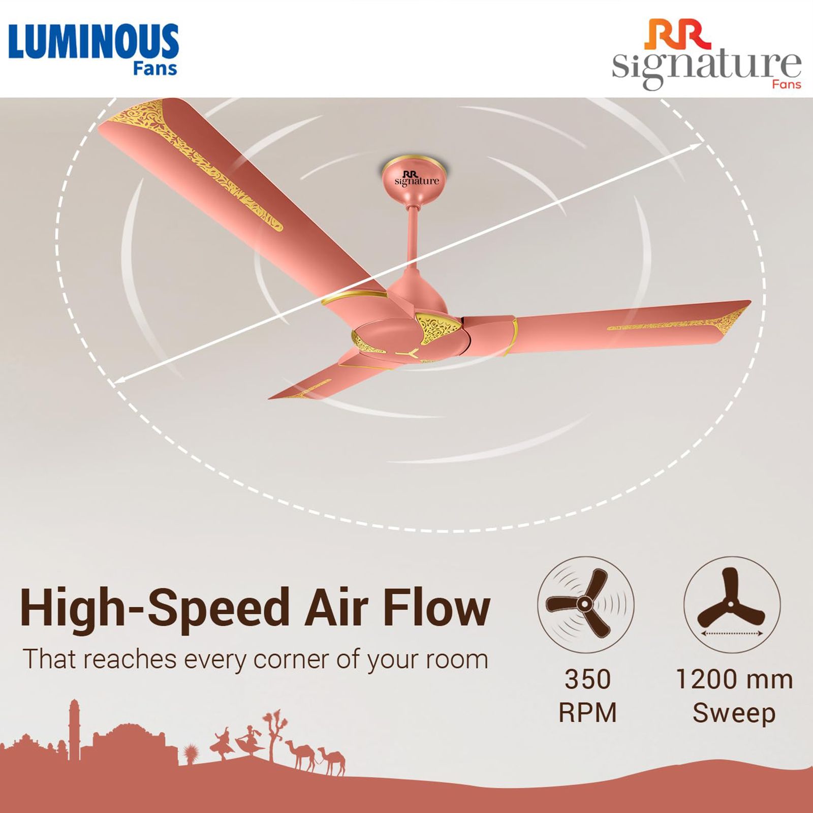 LUMINOUS Jaipur Ghoomar 3 Star 1200mm 3 Blade High Speed Ceiling Fan (Energy Saving, Rose Gold)_8