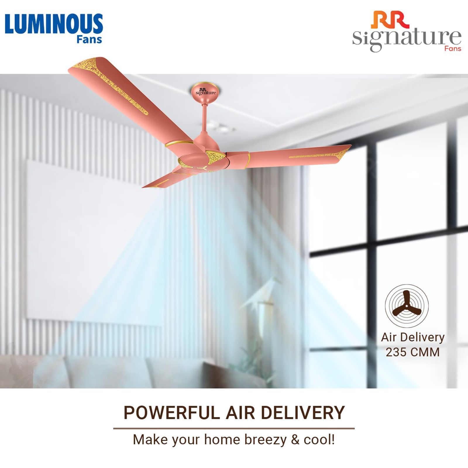 LUMINOUS Jaipur Ghoomar 3 Star 1200mm 3 Blade High Speed Ceiling Fan (Energy Saving, Rose Gold)_9