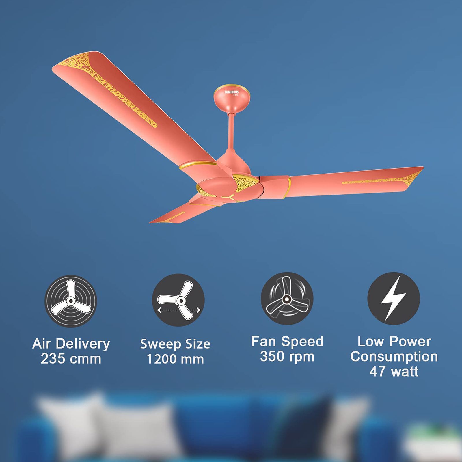 LUMINOUS Jaipur Ghoomar 3 Star 1200mm 3 Blade High Speed Ceiling Fan (Energy Saving, Rose Gold)_12
