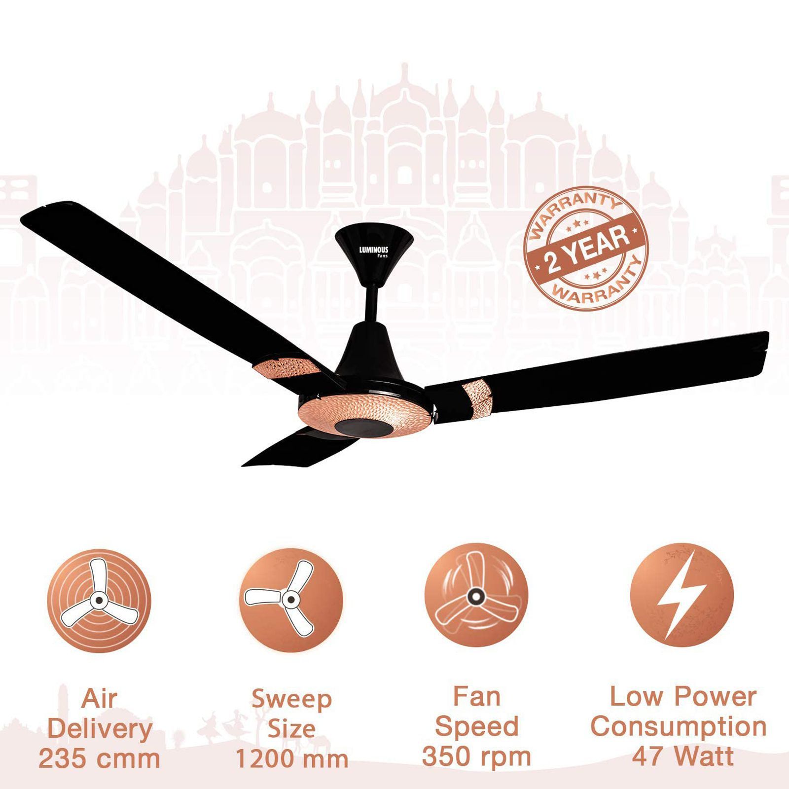 LUMINOUS Jaipur Tamra 3 Star 1200mm 3 Blade High Speed Ceiling Fan (Energy Saving, Abu Black)_5