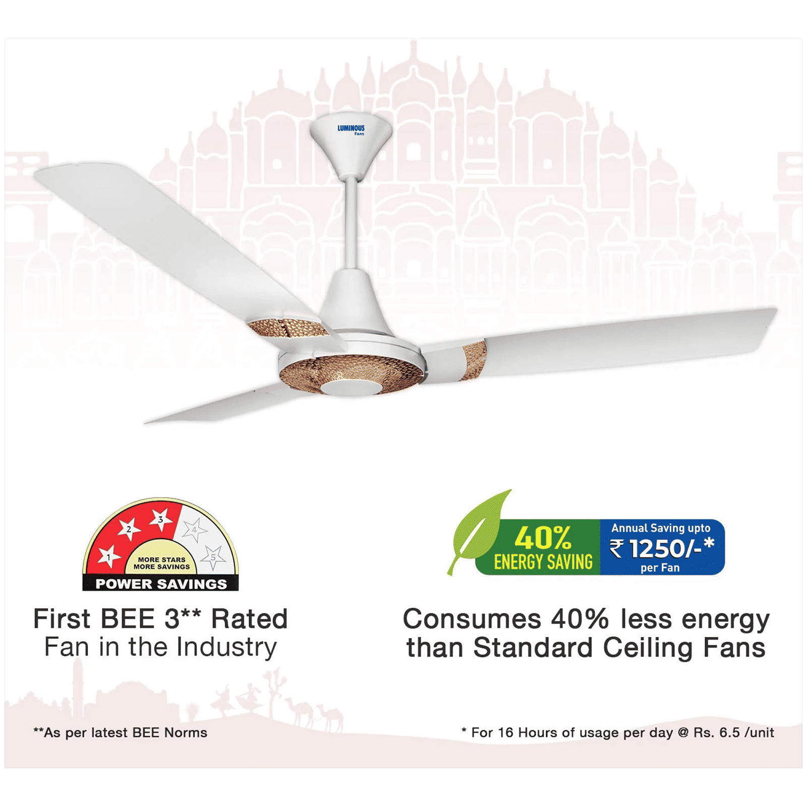 LUMINOUS Jaipur Tamra 3 Star 1200mm 3 Blade High Speed Ceiling Fan (Energy Saving, Makrana White)_7