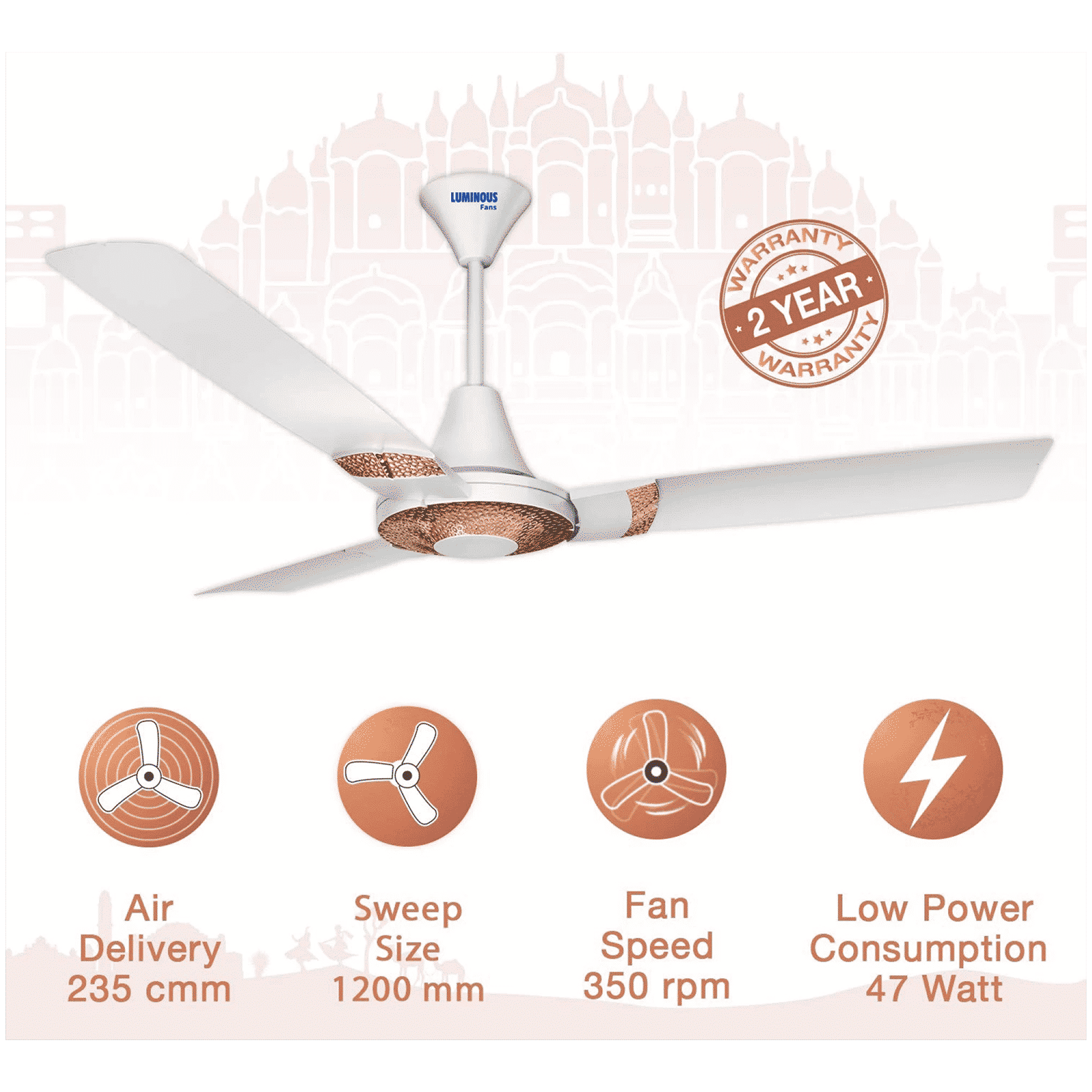 LUMINOUS Jaipur Tamra 3 Star 1200mm 3 Blade High Speed Ceiling Fan (Energy Saving, Makrana White)_6