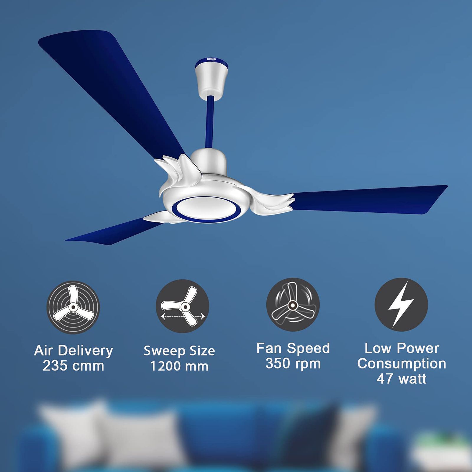 LUMINOUS London Mayfair 3 Star 1200mm 3 Blade Silent Operation Ceiling Fan with Remote (Dust Repellent, Sapphire Blue)_5