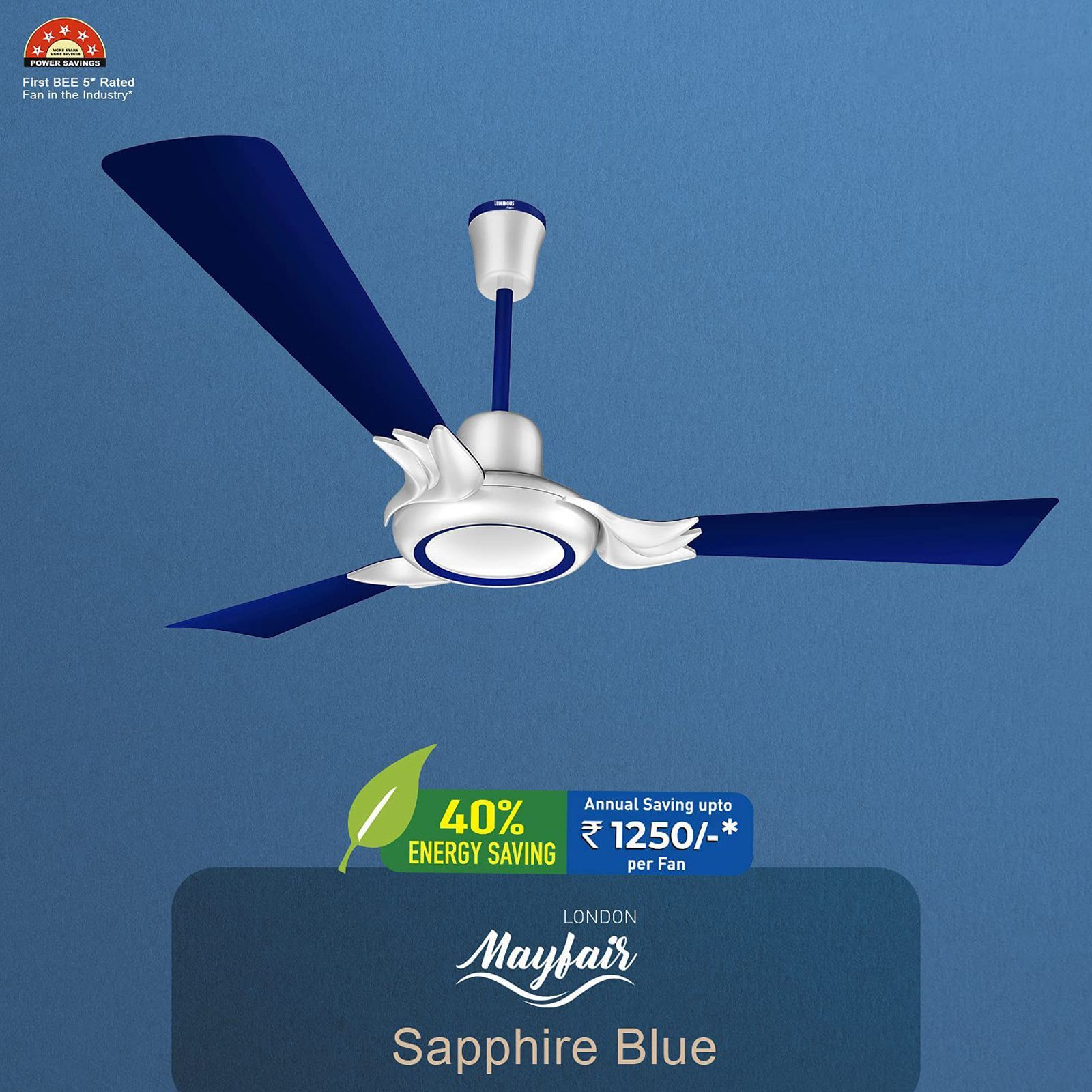 LUMINOUS London Mayfair 3 Star 1200mm 3 Blade Silent Operation Ceiling Fan with Remote (Dust Repellent, Sapphire Blue)_6