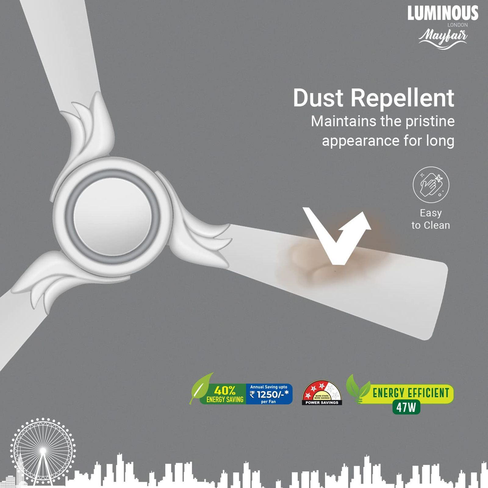 LUMINOUS London Mayfair 3 Star 1200mm 3 Blade Silent Operation Ceiling Fan with Remote (Dust Repellent, Wimbeldon White)_7