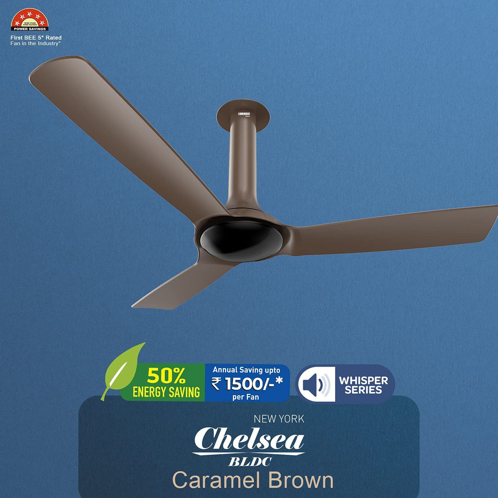 LUMINOUS New York Chelsea 5 Star 1200mm 3 Blade BLDC Motor Ceiling Fan with Remote (Energy Saving, Caramel Brown)_5