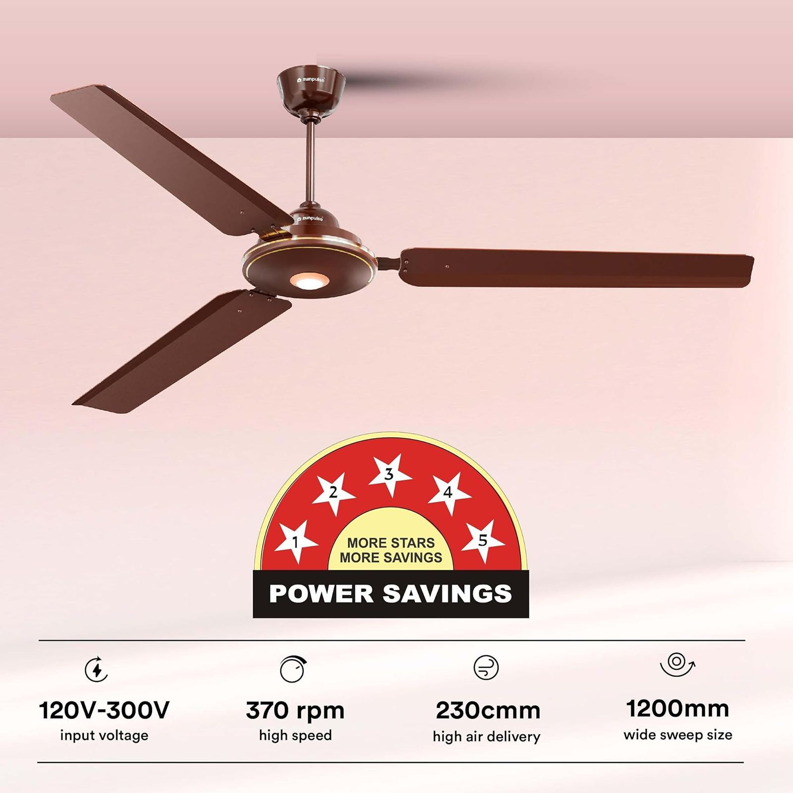 zunpulse Avian Plus 5 Star 1200mm 3 Blade BLDC Motor Ceiling Fan with Remote (Inverter Technology, Brown)_8
