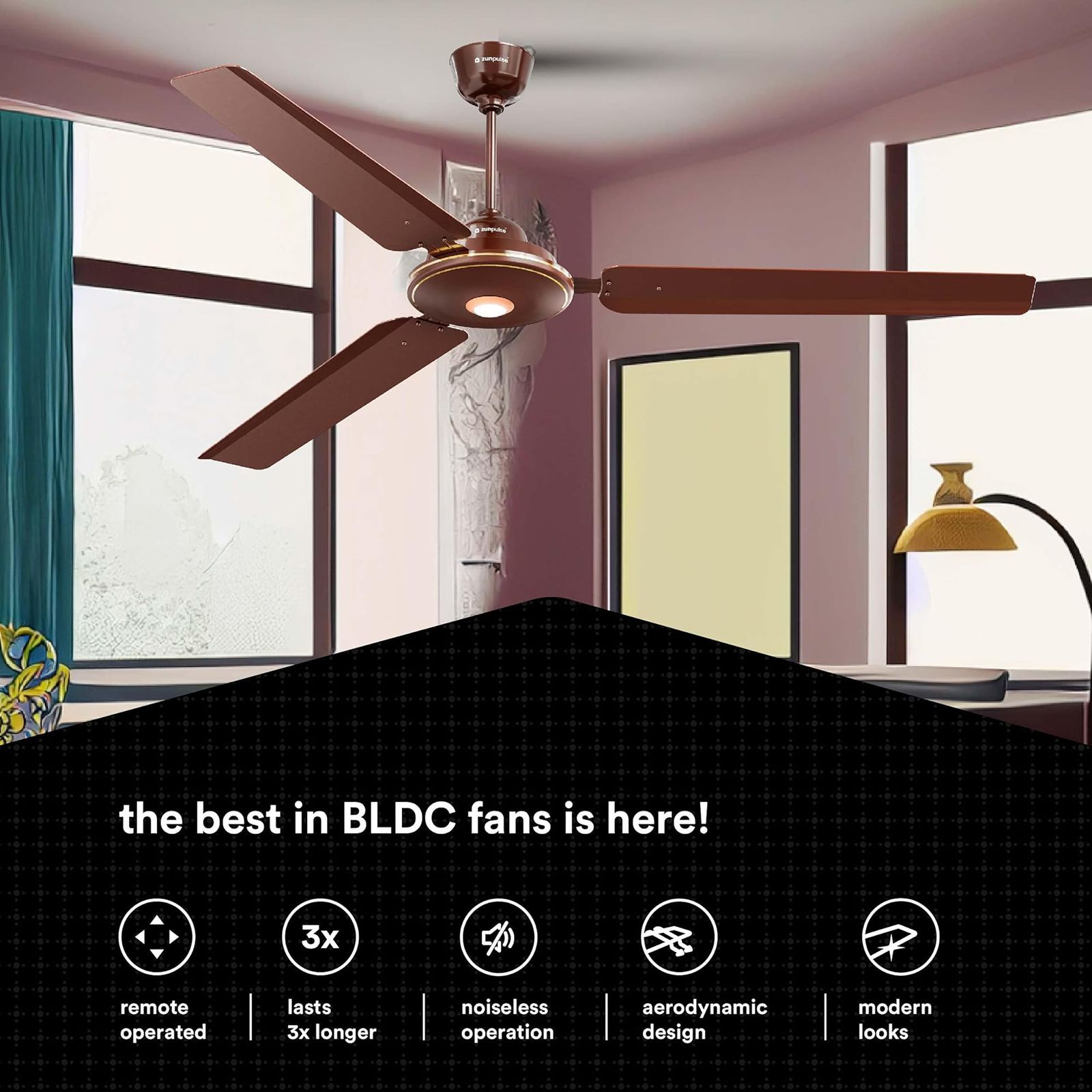 zunpulse Avian Plus 5 Star 1200mm 3 Blade BLDC Motor Ceiling Fan with Remote (Inverter Technology, Brown)_5