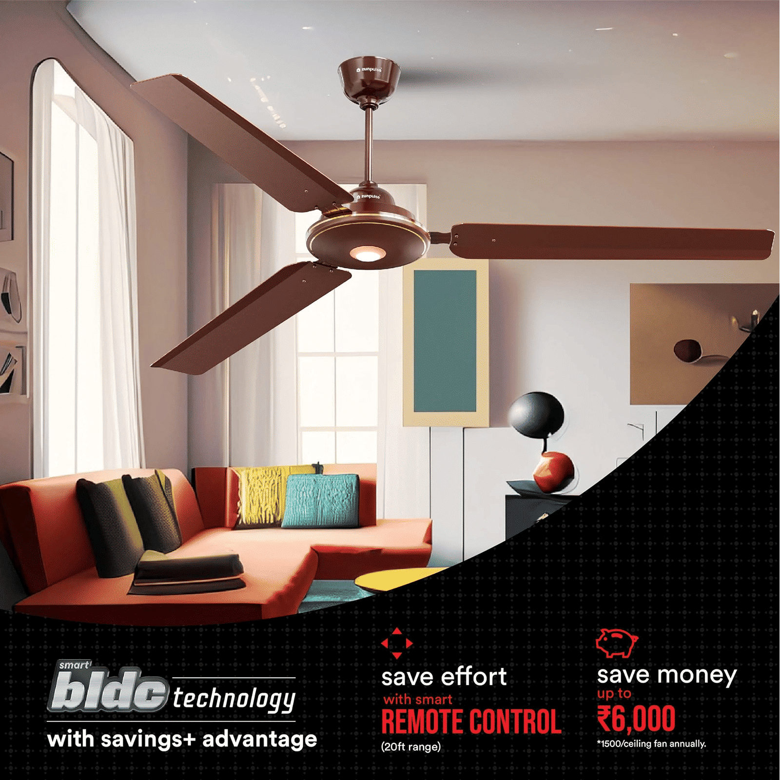 zunpulse Avian Plus 5 Star 1200mm 3 Blade BLDC Motor Ceiling Fan with Remote (Inverter Technology, Brown)_6