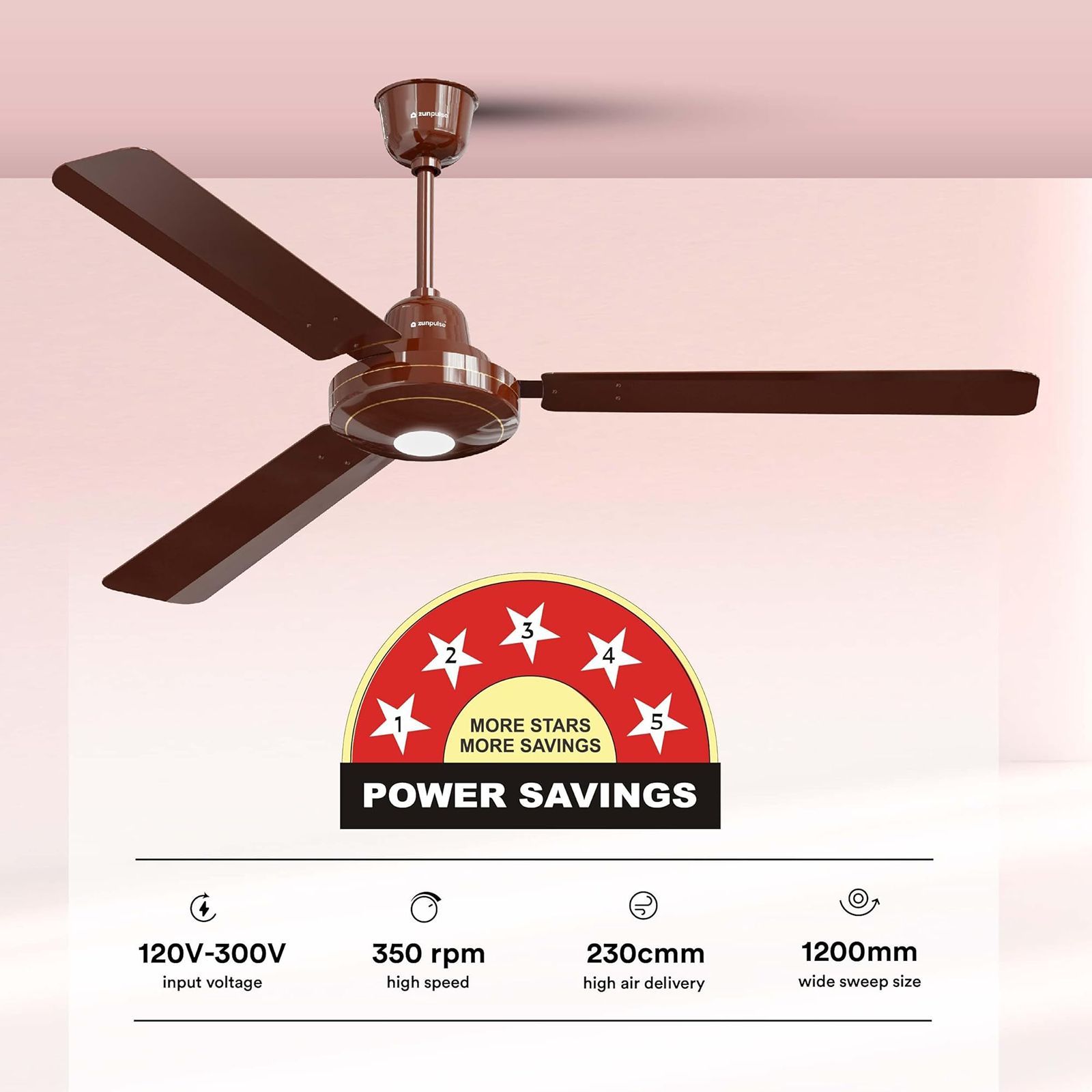 zunpulse Falco 5 Star 1200mm 3 Blade BLDC Motor Ceiling Fan with Remote (Inverter Technology, Brown)_7