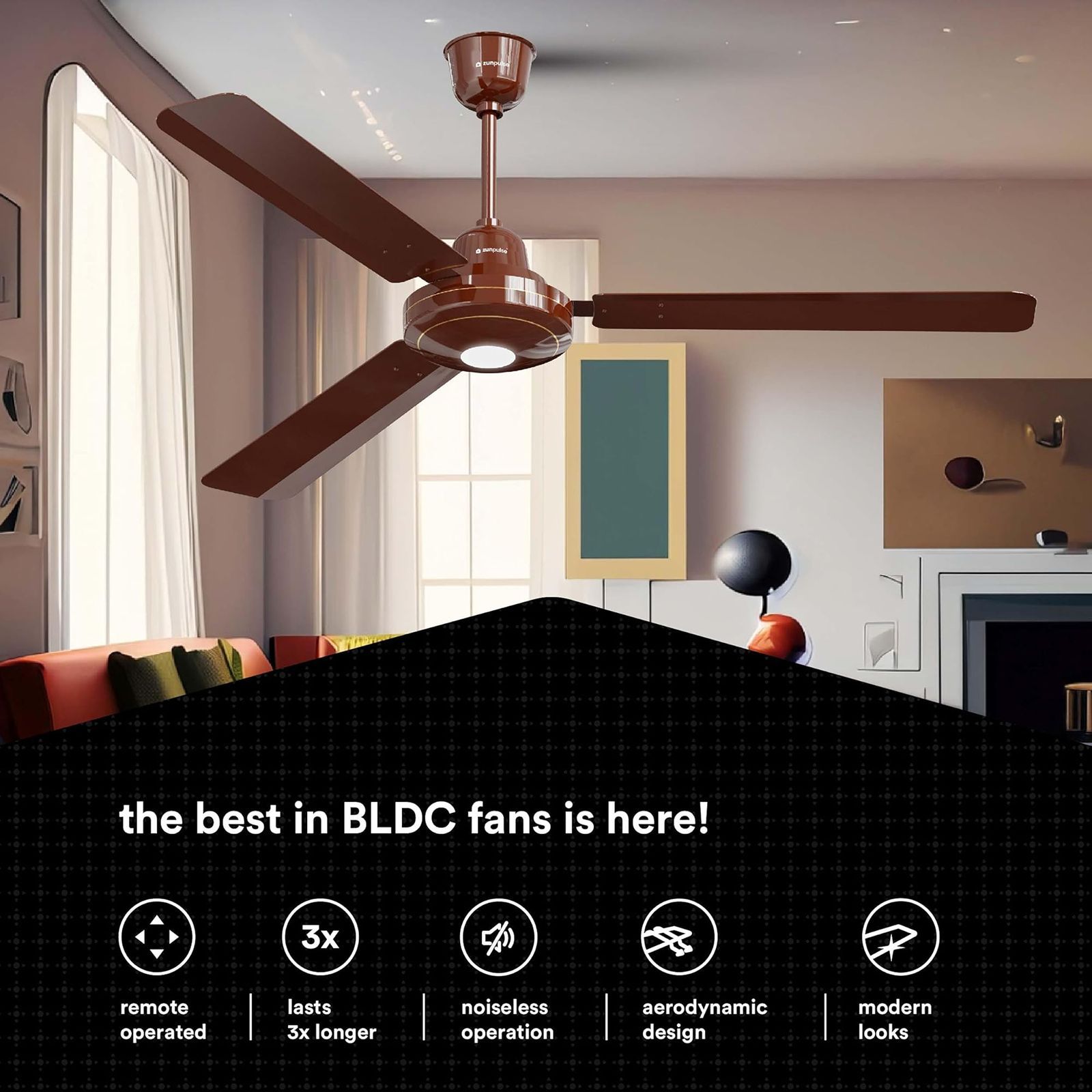 zunpulse Falco 5 Star 1200mm 3 Blade BLDC Motor Ceiling Fan with Remote (Inverter Technology, Brown)_9
