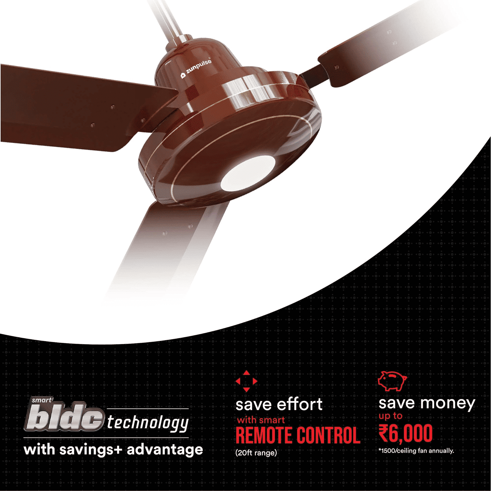 zunpulse Falco 5 Star 1200mm 3 Blade BLDC Motor Ceiling Fan with Remote (Inverter Technology, Brown)_5