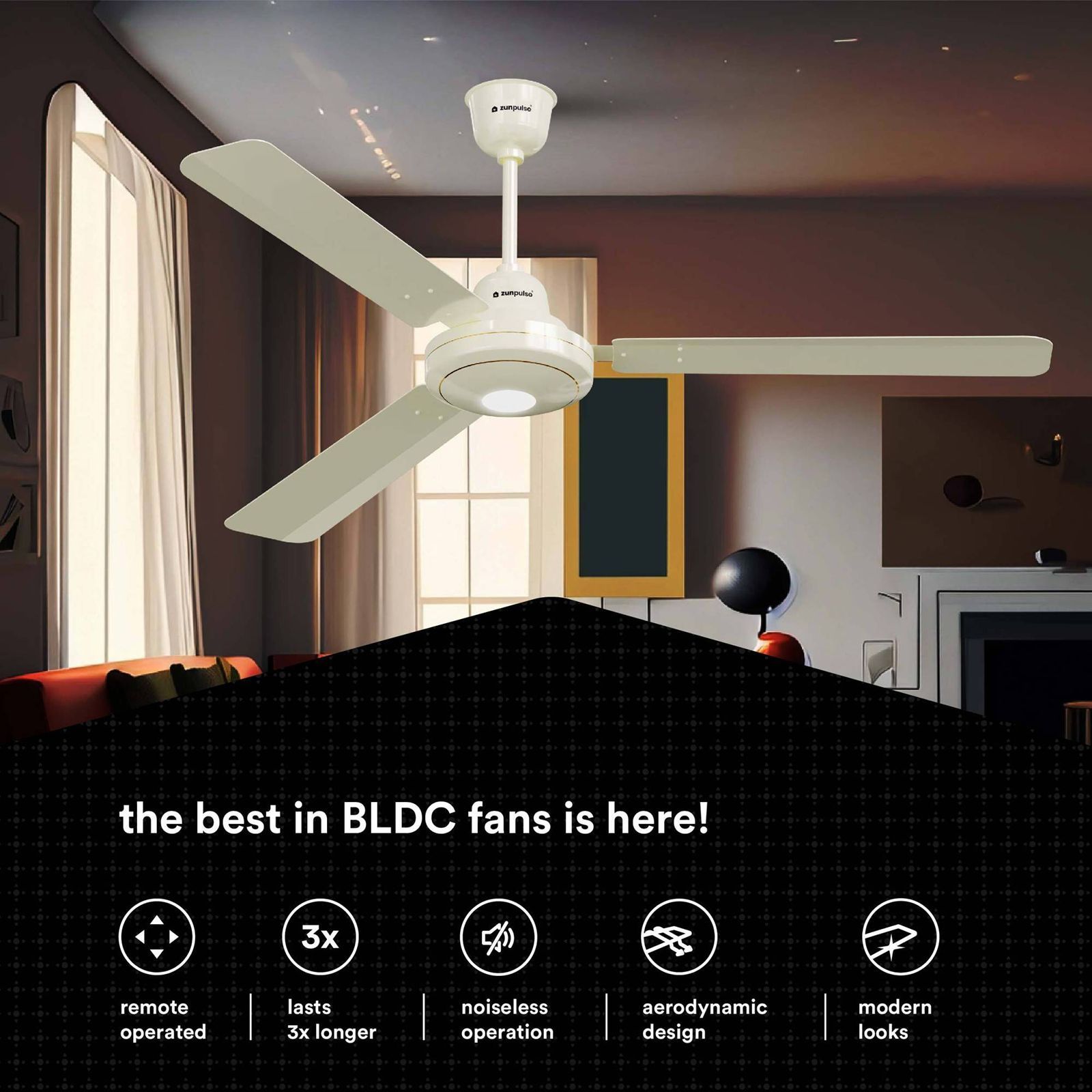 zunpulse Falco 5 Star 1200mm 3 Blade BLDC Motor Ceiling Fan with Remote (Inverter Technology, Ivory)_5