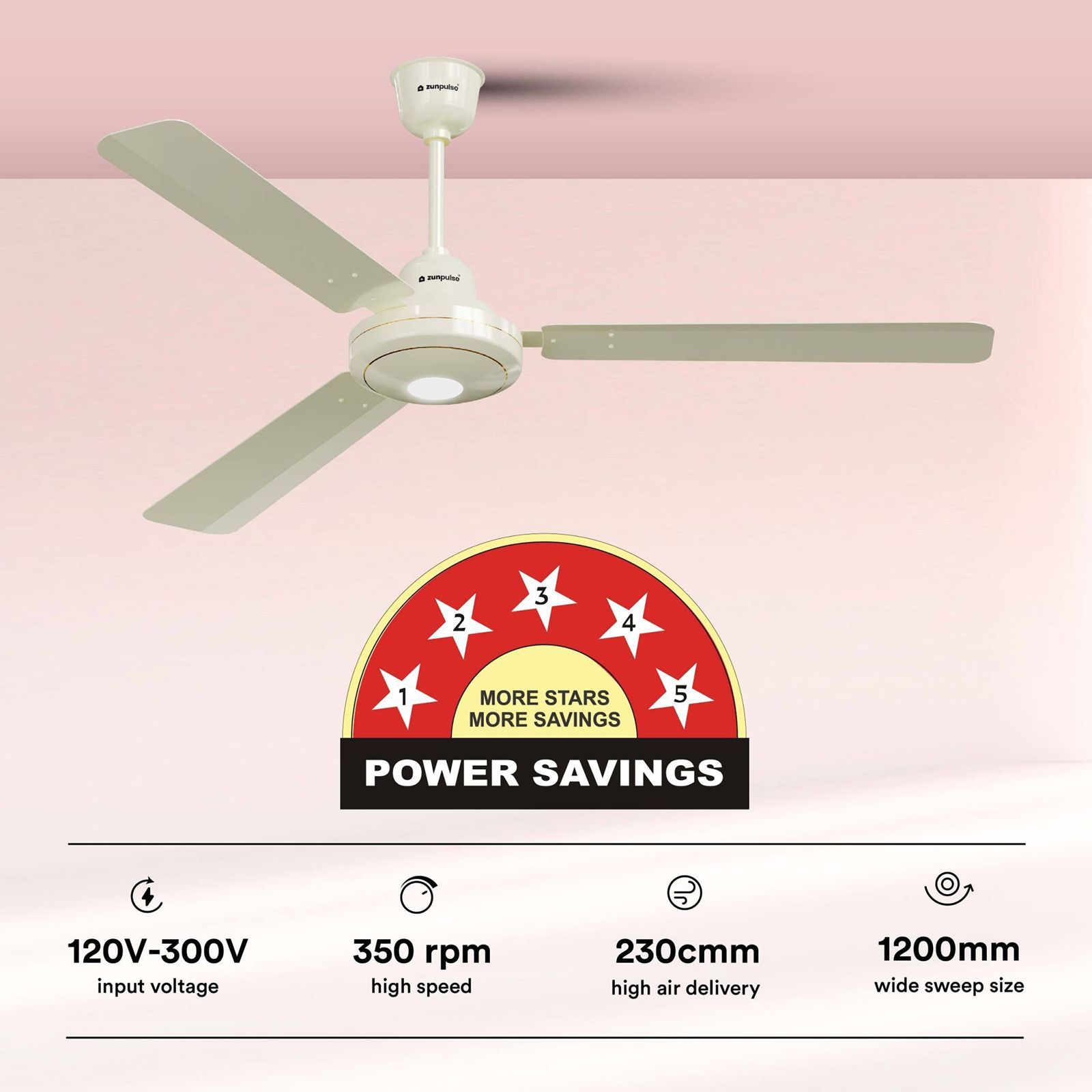 zunpulse Falco 5 Star 1200mm 3 Blade BLDC Motor Ceiling Fan with Remote (Inverter Technology, Ivory)_6