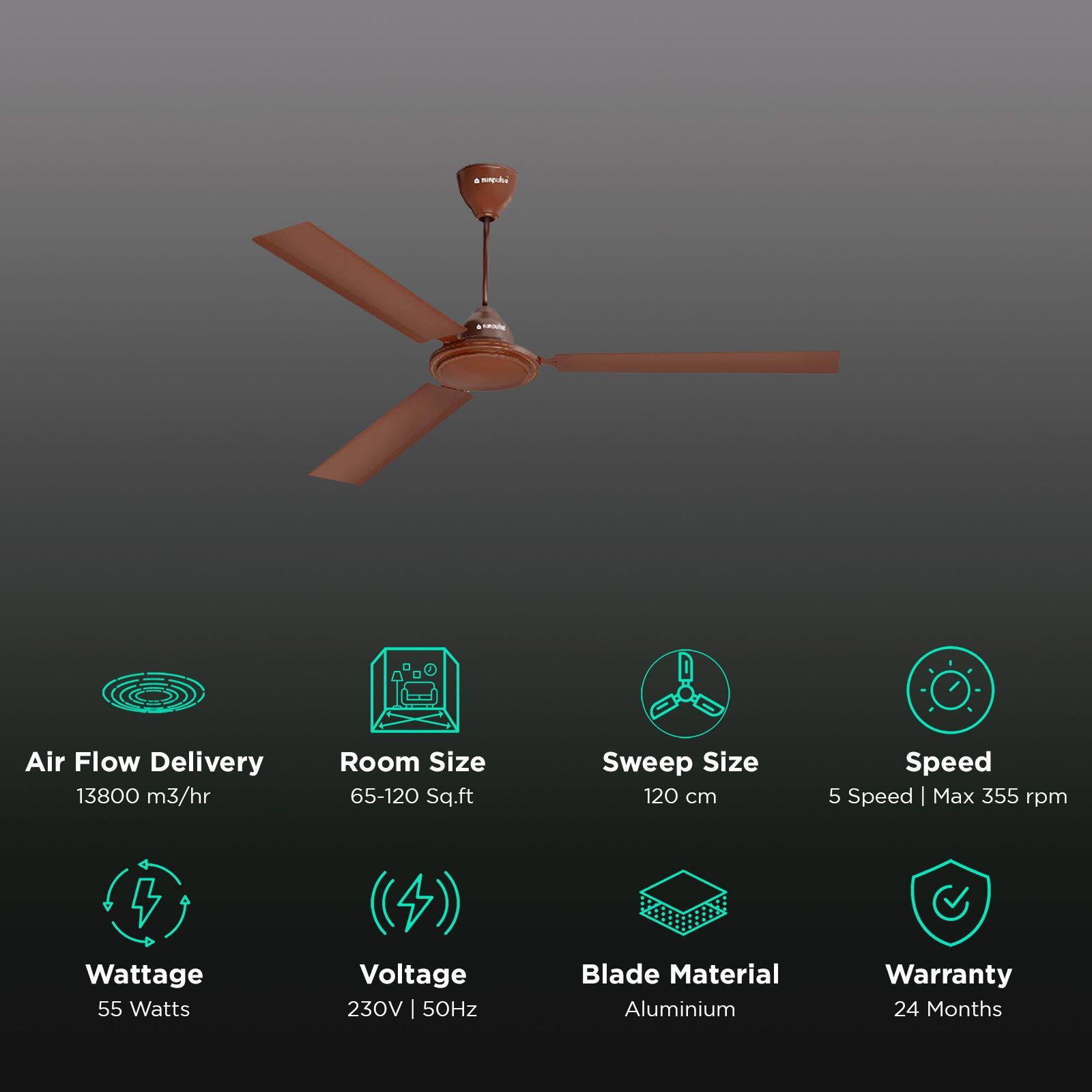 zunpulse Thundermax Plus 1200mm 3 Blade High Speed Ceiling Fan with Remote (Double Ball Bearing, Brown)_3