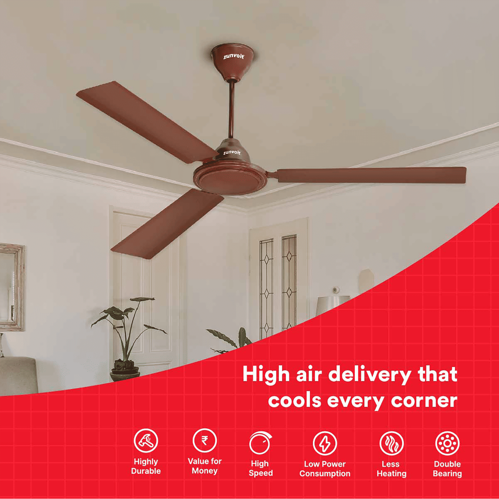 zunpulse Thundermax 1200mm 3 Blade Copper Motor Ceiling Fan (Low Power Consumption, Brown)_7