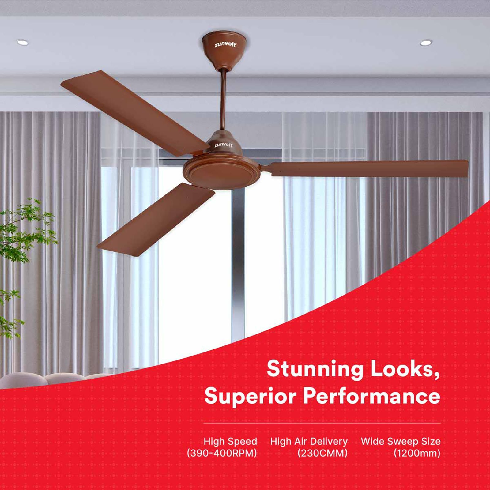 zunpulse Thundermax 1200mm 3 Blade Copper Motor Ceiling Fan (Low Power Consumption, Brown)_5