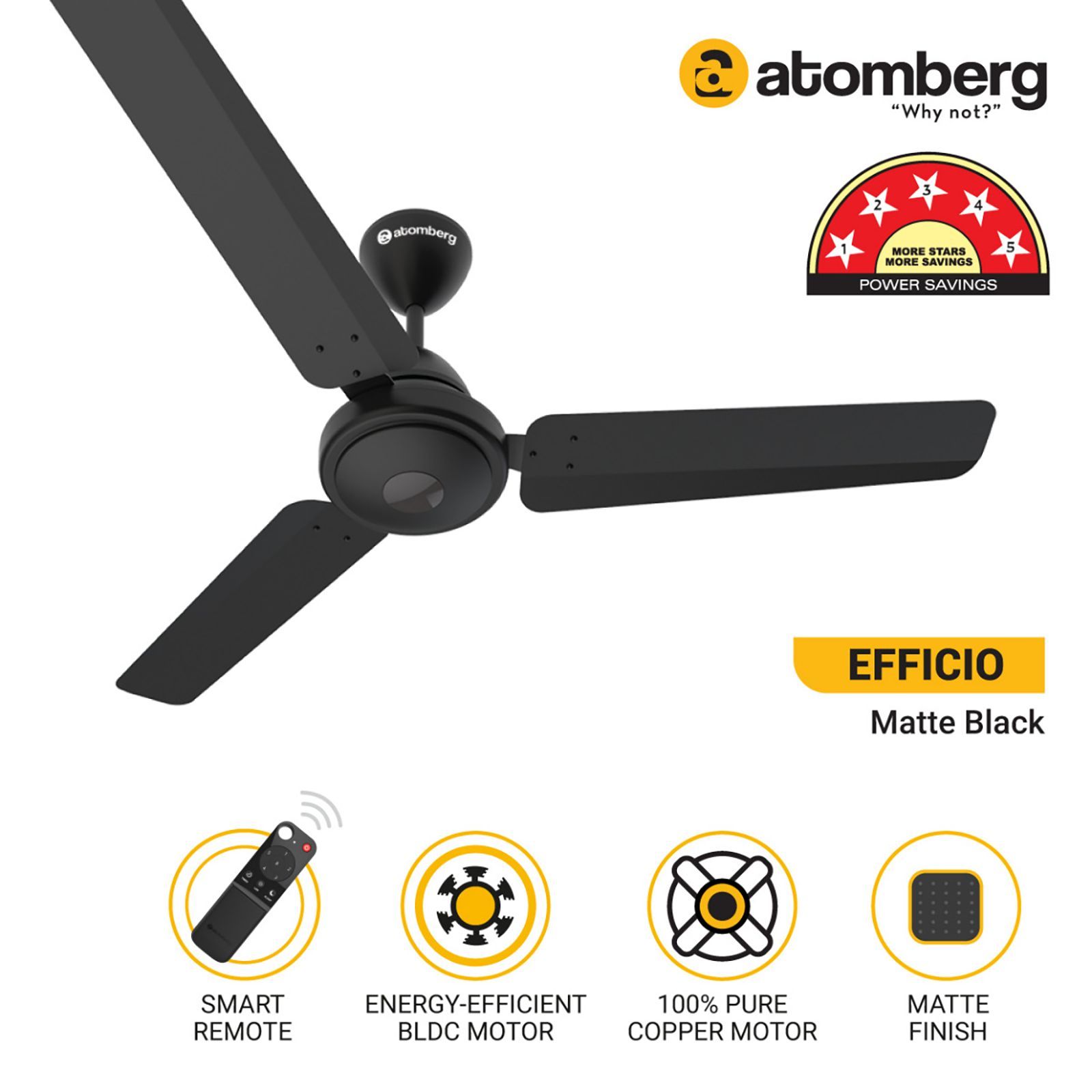 atomberg Efficio 5 Star 1200mm 3 Blade BLDC Motor Ceiling Fan with Remote (LED Indicator, Matt Black)_8