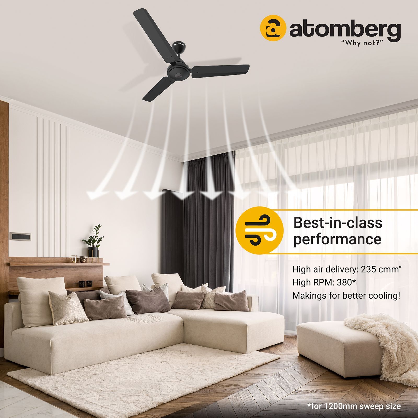 atomberg Efficio 5 Star 1200mm 3 Blade BLDC Motor Ceiling Fan with Remote (LED Indicator, Matt Black)_12