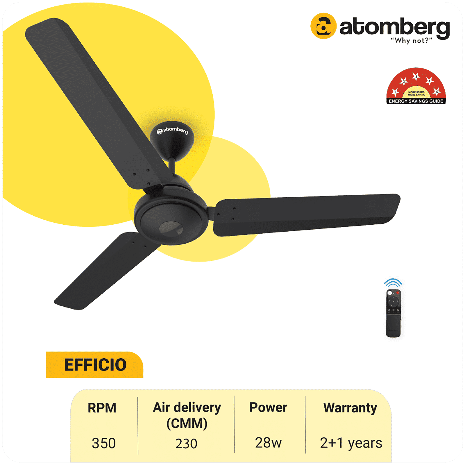 atomberg Efficio 5 Star 1200mm 3 Blade BLDC Motor Ceiling Fan with Remote (LED Indicator, Matt Black)_5