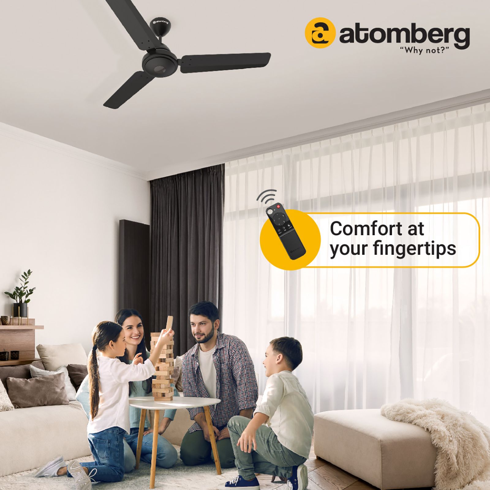 atomberg Efficio 5 Star 1200mm 3 Blade BLDC Motor Ceiling Fan with Remote (LED Indicator, Matt Black)_6