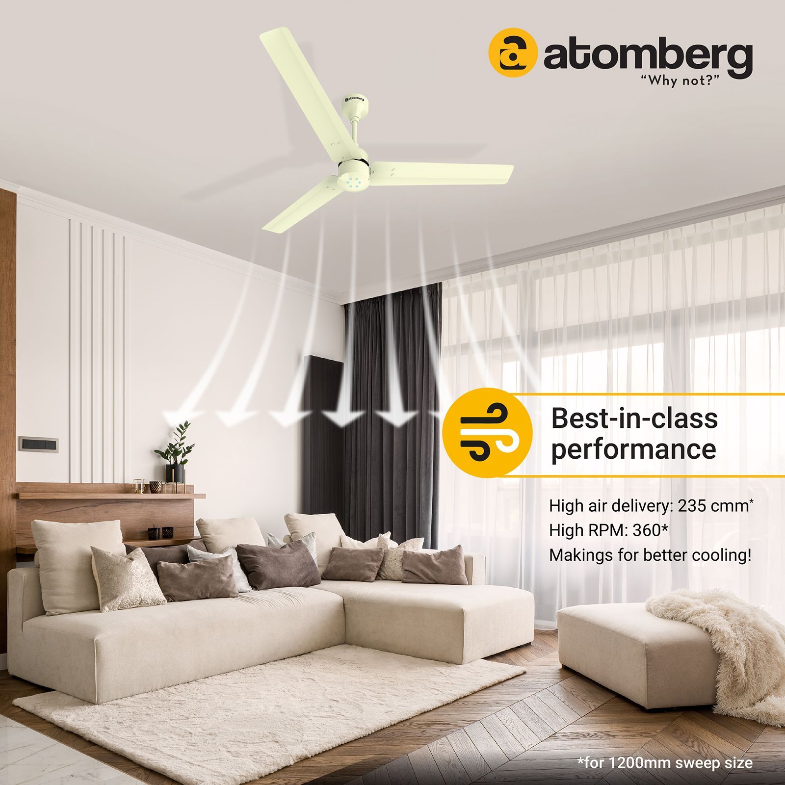 atomberg Renesa 5 Star 1200mm 3 Blade BLDC Motor Ceiling Fan with Remote (LED Speed Indicator, Ivory)_7