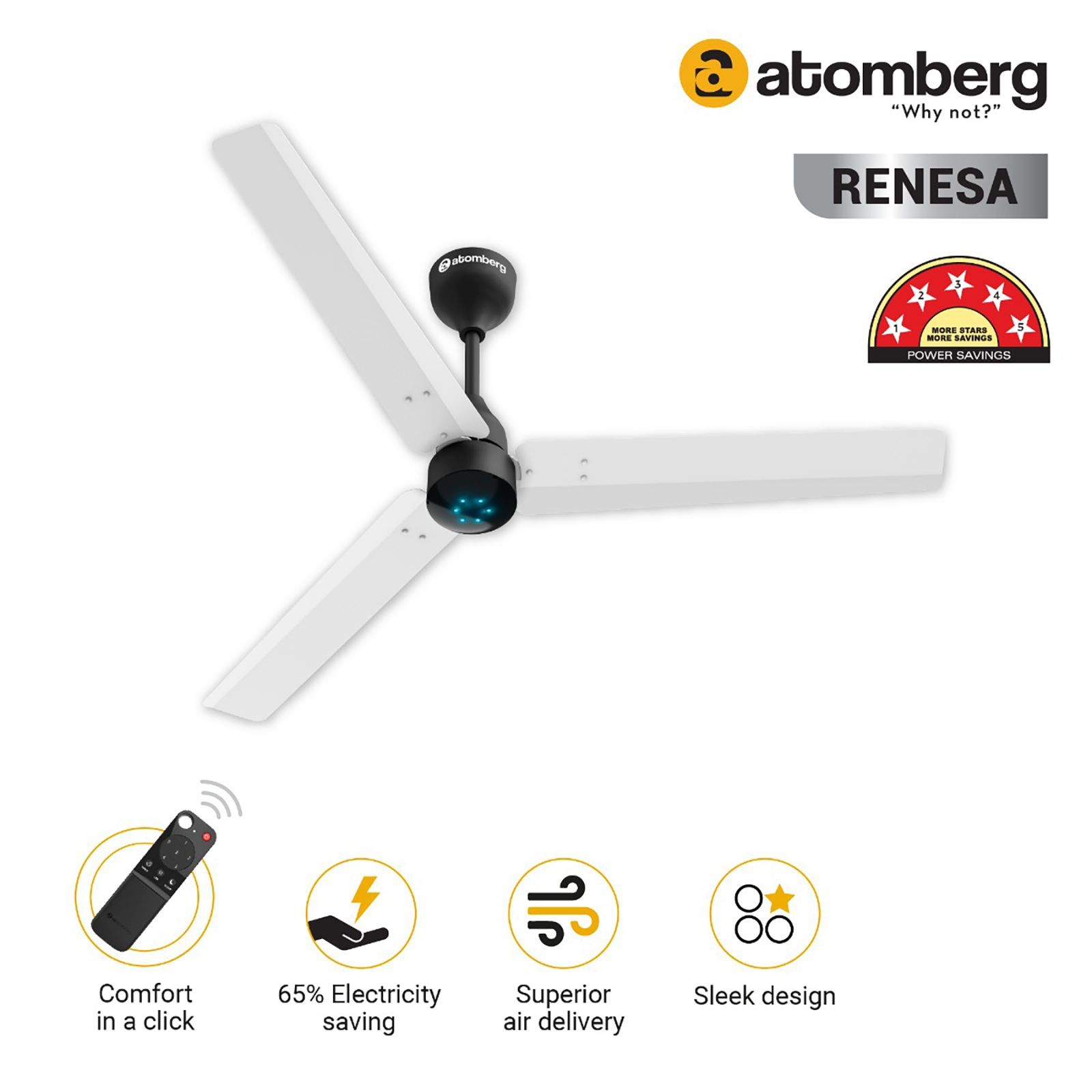 atomberg Renesa 5 Star 1200mm 3 Blade BLDC Motor Ceiling Fan with Remote (LED Speed Indicator, White & Black)_9