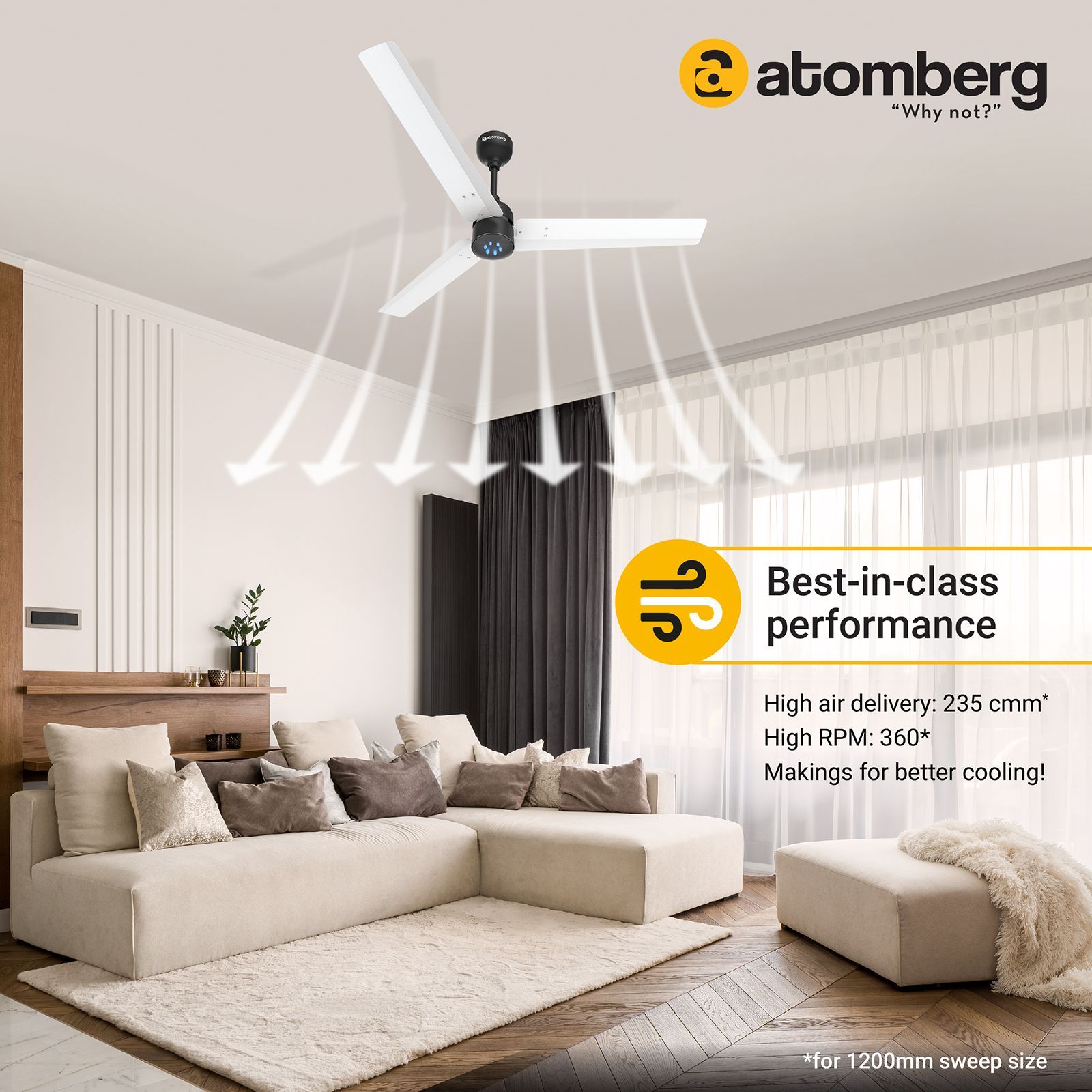 atomberg Renesa 5 Star 1200mm 3 Blade BLDC Motor Ceiling Fan with Remote (LED Speed Indicator, White & Black)_6