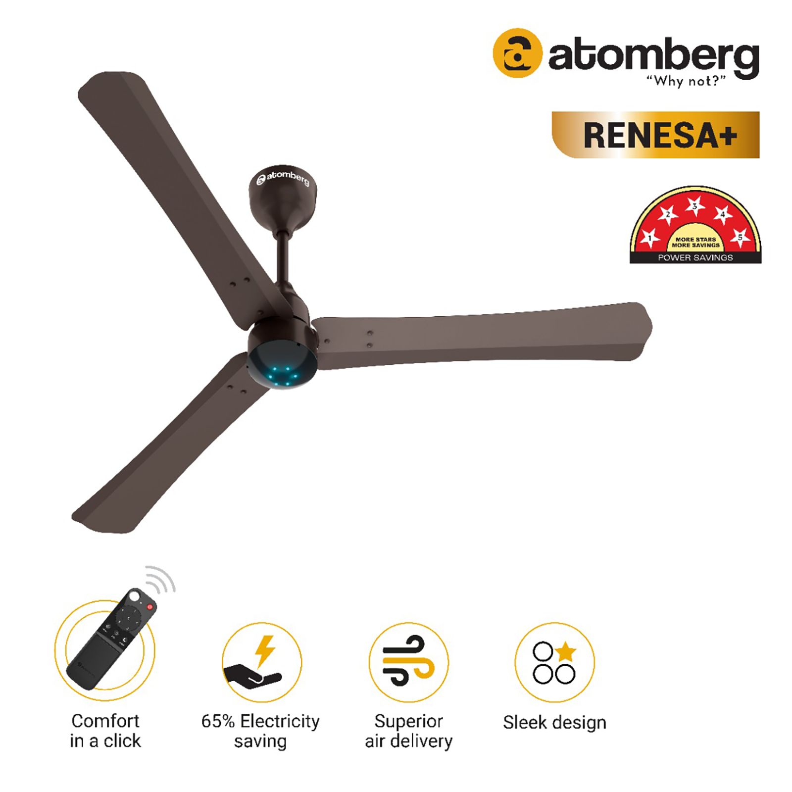 atomberg Renesa Plus 5 Star 1200mm 3 Blade BLDC Motor Ceiling Fan with Remote (LED Indicator, Earth Brown)_10