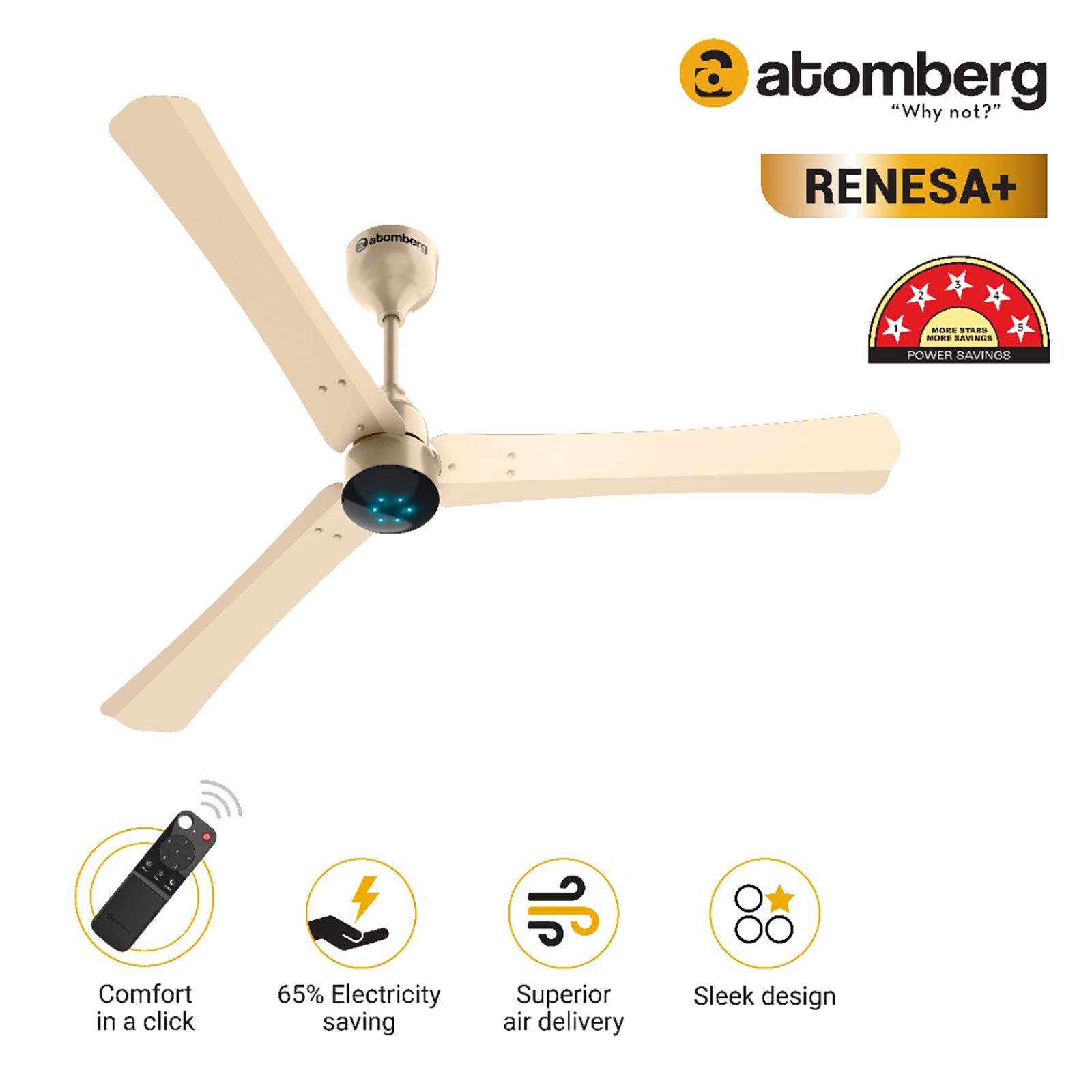 atomberg Renesa Plus 5 Star 1200mm 3 Blade BLDC Motor Ceiling Fan with Remote (LED Indicator, Metallic Gold)_6